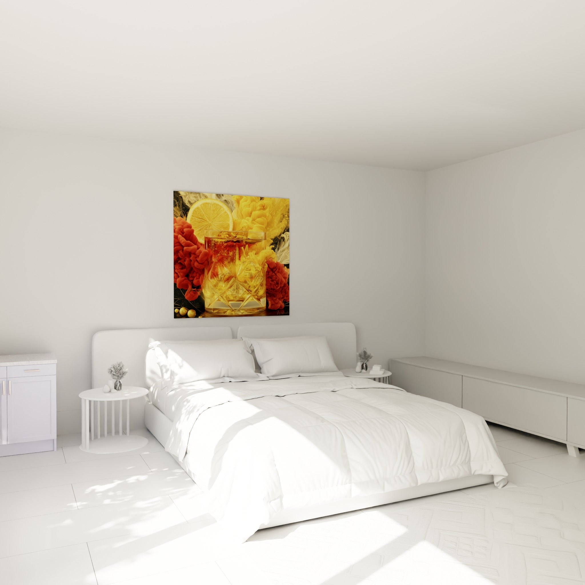 Composition ambrée aux volutes rouges et jaunes du tableau Cocktail au-dessus d'un lit dans une chambre claire