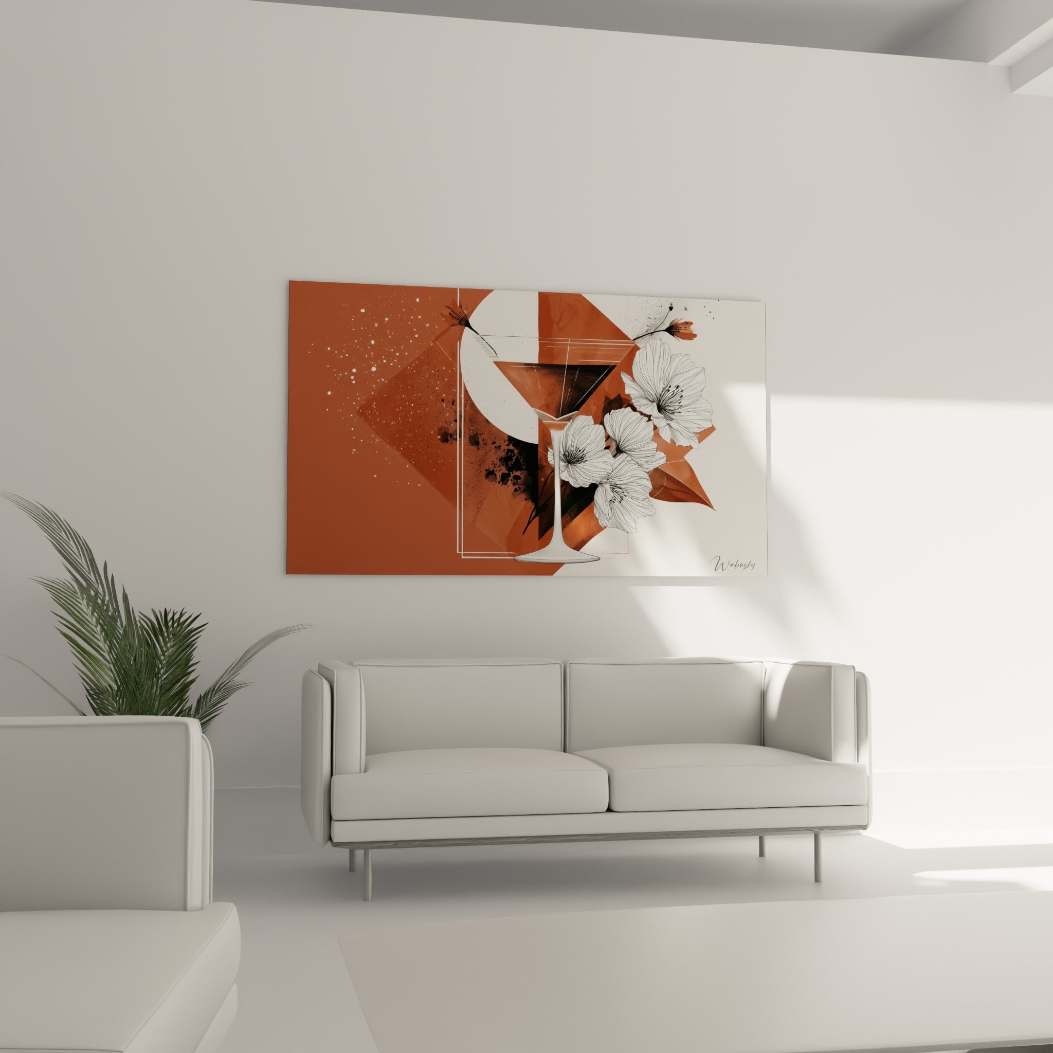Composition géométrique terracotta et anthracite avec martini illustré, au-dessus d'un canapé dans un salon lumineux