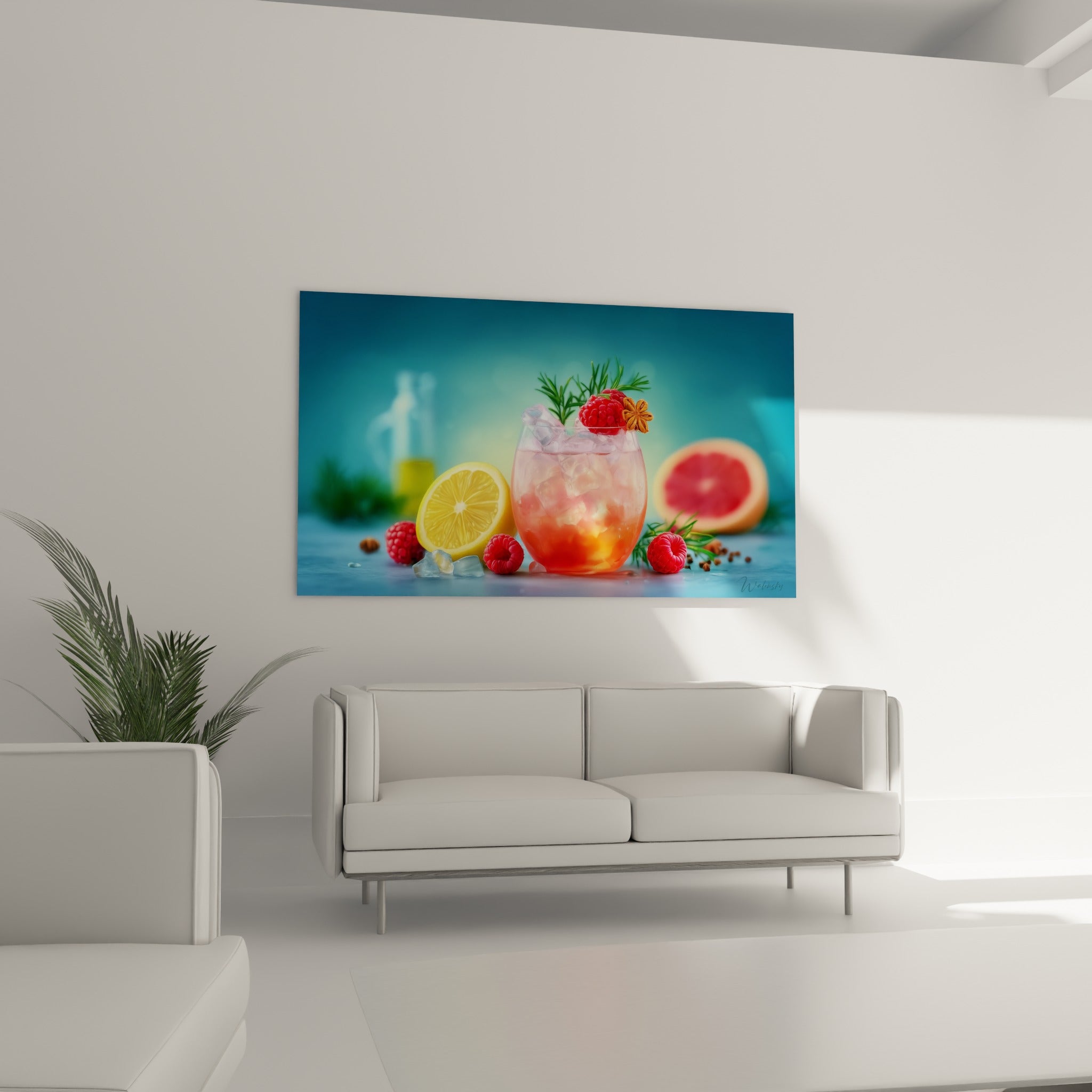 Composition gourmande de cocktail rouge et jaune avec glaçons, au-dessus d'un canapé dans un salon lumineux