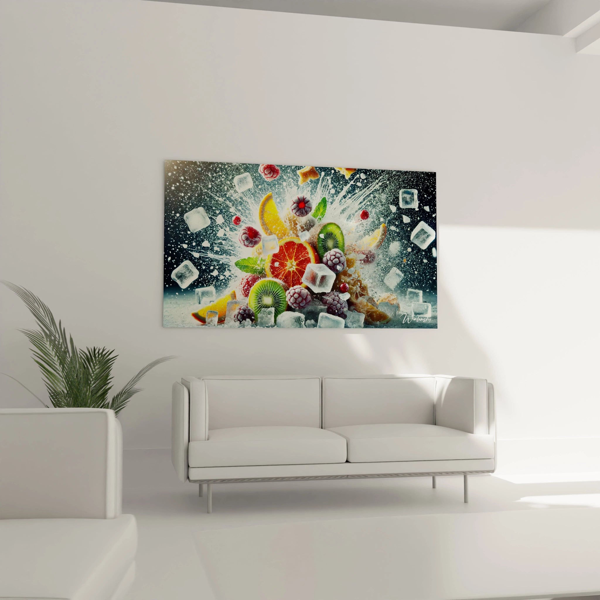 Ce tableau cuisine, suspendu au-dessus du canapé, éveille l’espace avec ses fruits éclatants et ses glaçons translucides, apportant une sensation de fraîcheur et de dynamisme au salon.