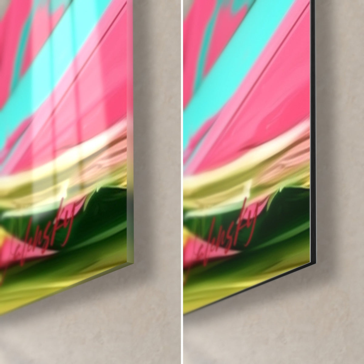 Tableau cocktail rose, coin bas droit : verre acrylique brillant à gauche, alu Dibond mat à droite, tranche de 3 mm, touches vertes et jaunes