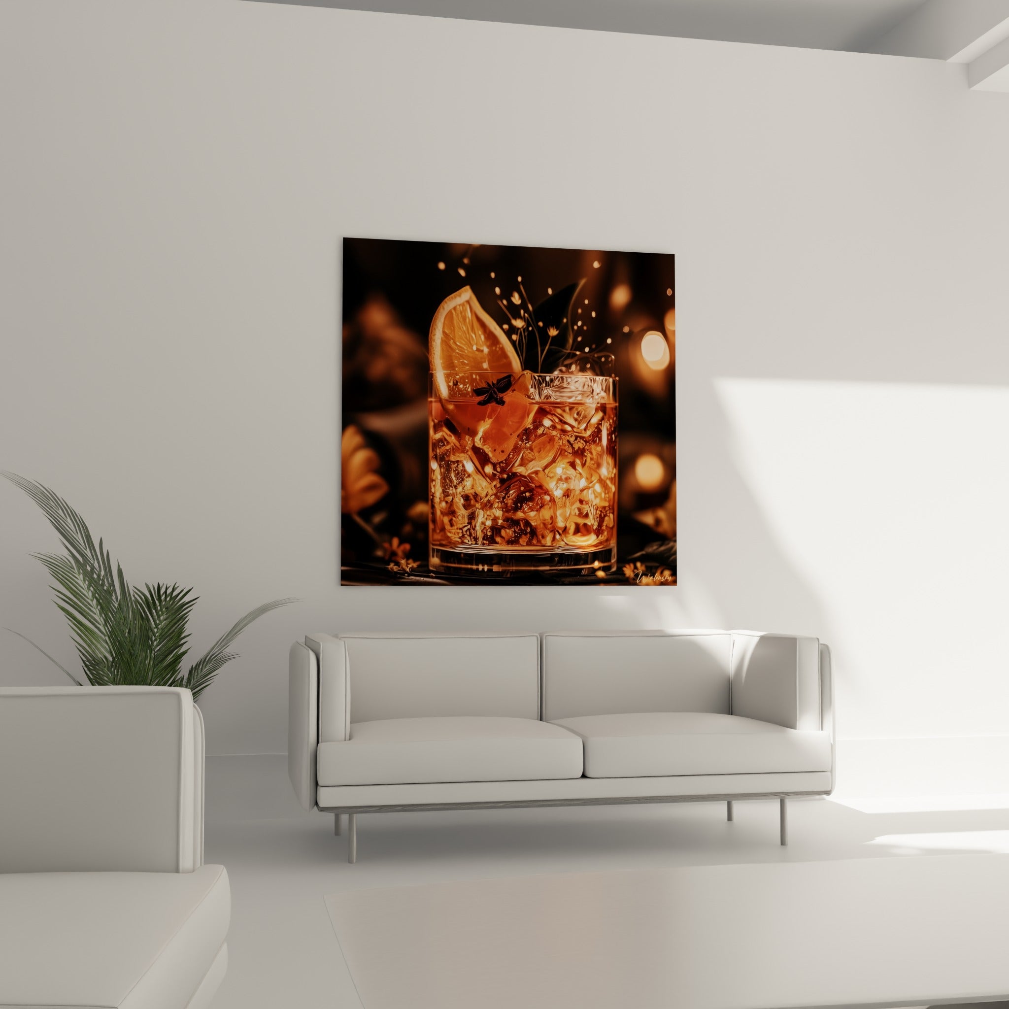 Verre ambré aux reflets dorés et glaçons brillants, tranche d'orange, au-dessus d'un canapé dans un salon lumineux