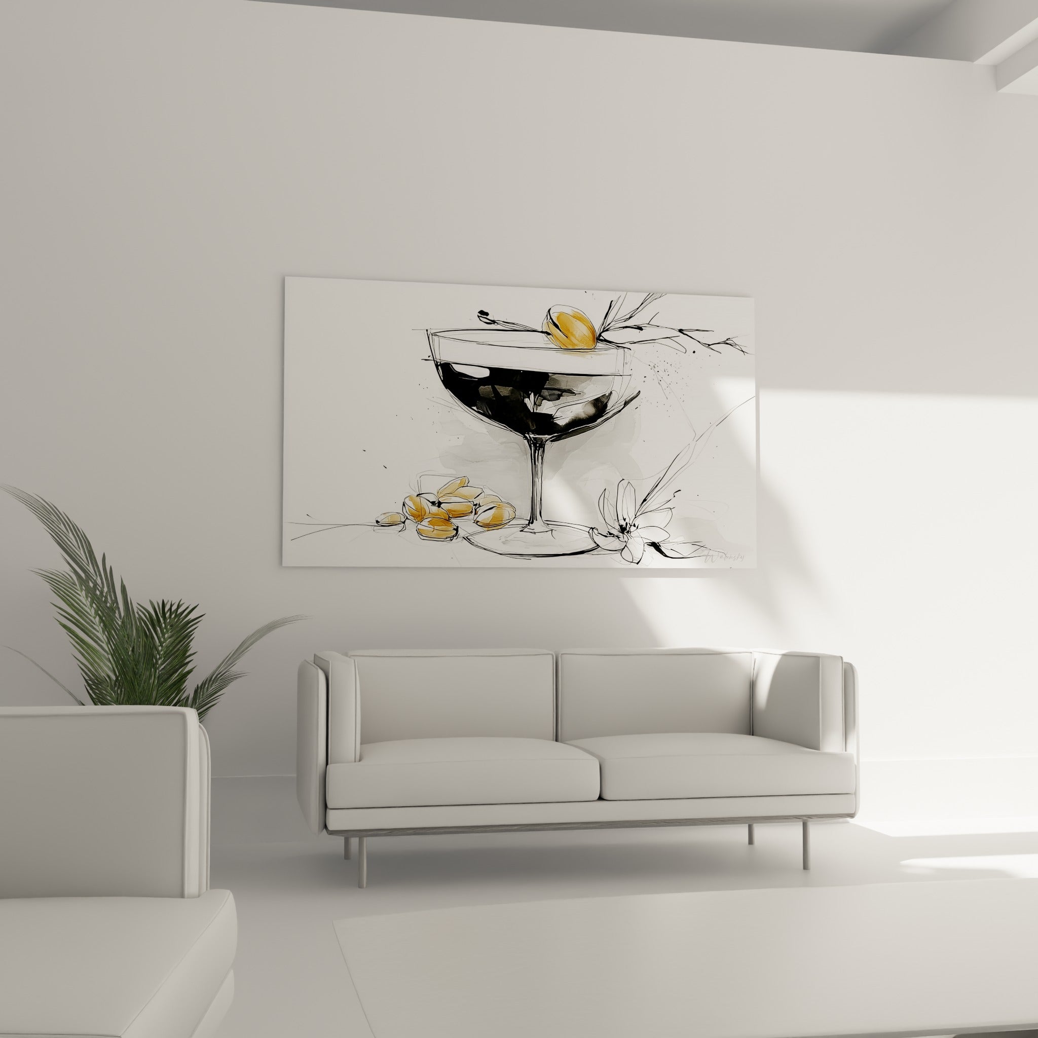 Coupe noire et touches dorées d'un cocktail esquissé, au-dessus d'un canapé dans un salon lumineux