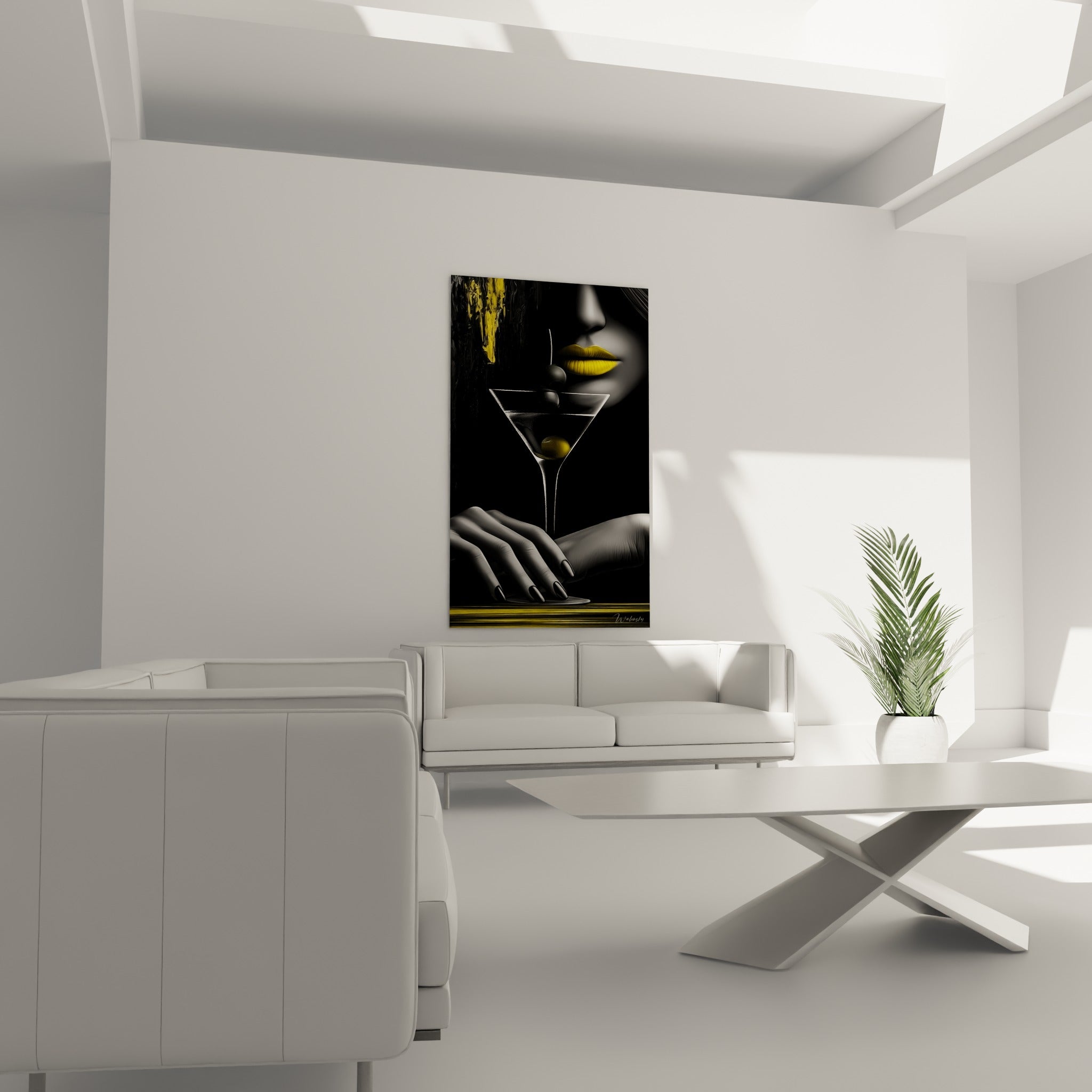 Olive verte suspendue dans un verre transparent, touches de peinture jaune et noire, au-dessus d'un canapé dans un salon lumineux