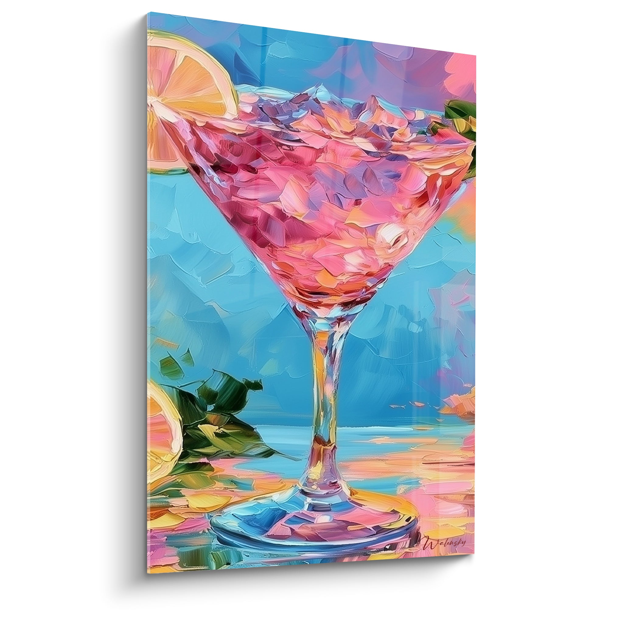 Verre à martini rose et turquoise, glaçons colorés, citrons, style peinture au couteau vibrante