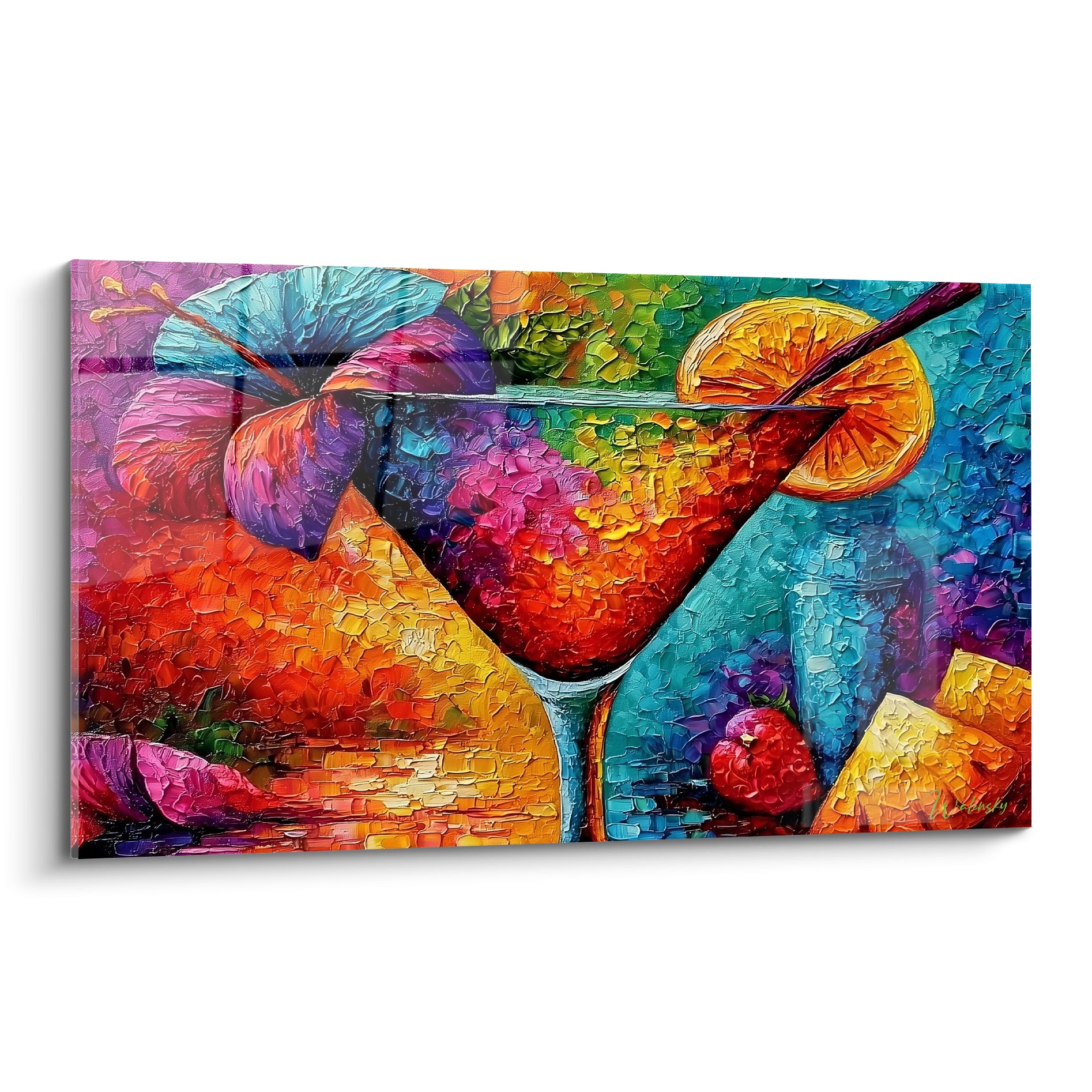 Cocktail martini rouge orangé et fleur d'hibiscus bleu turquoise en peinture texturée épaisse