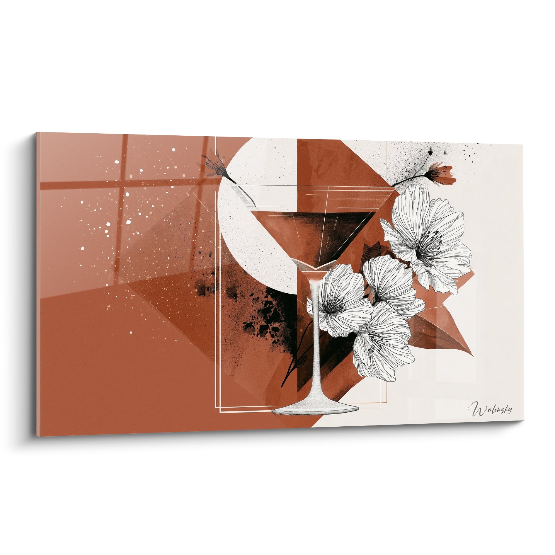 Verre à martini terracotta et fleurs blanches gravées sur fond crème éclaboussé d'encre anthracite