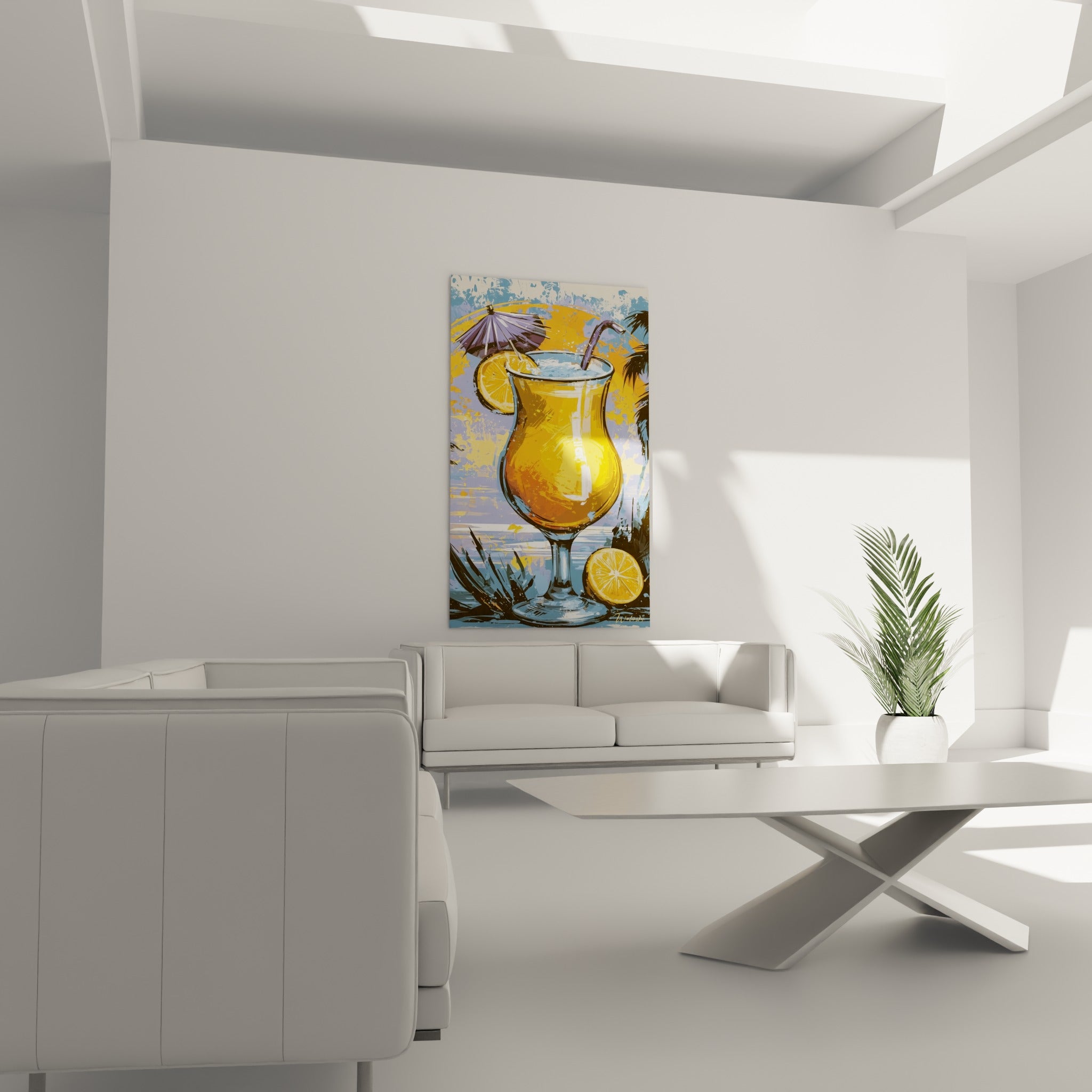 Ombrelle mauve et citron jaune du cocktail accrochés au-dessus d'un canapé dans un salon lumineux