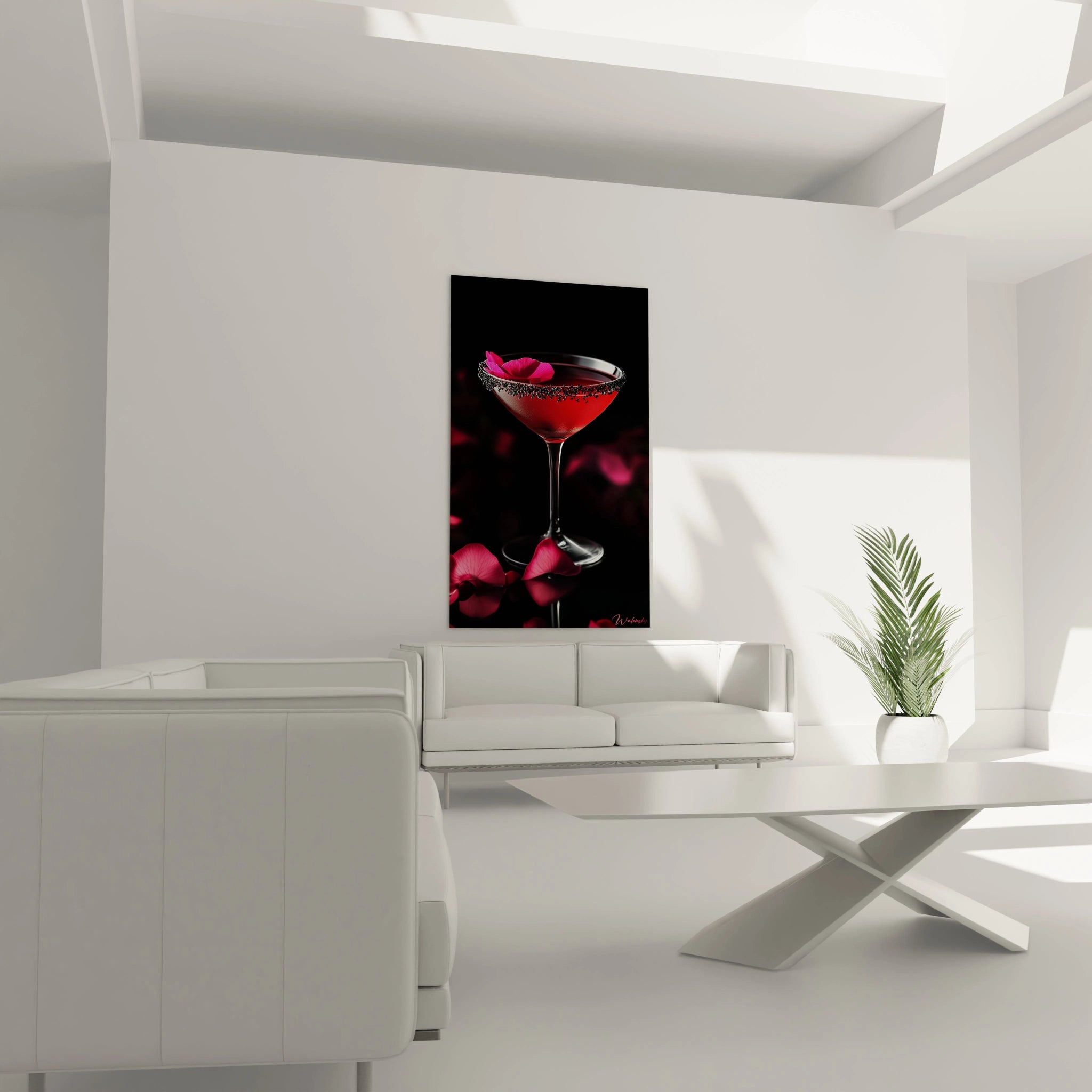 Un tableau cocktail détaillant un verre martini translucide avec un cocktail rouge profond, décoré de pétales roses. La lumière met en valeur la condensation sur le verre et les nuances du fond sombre.