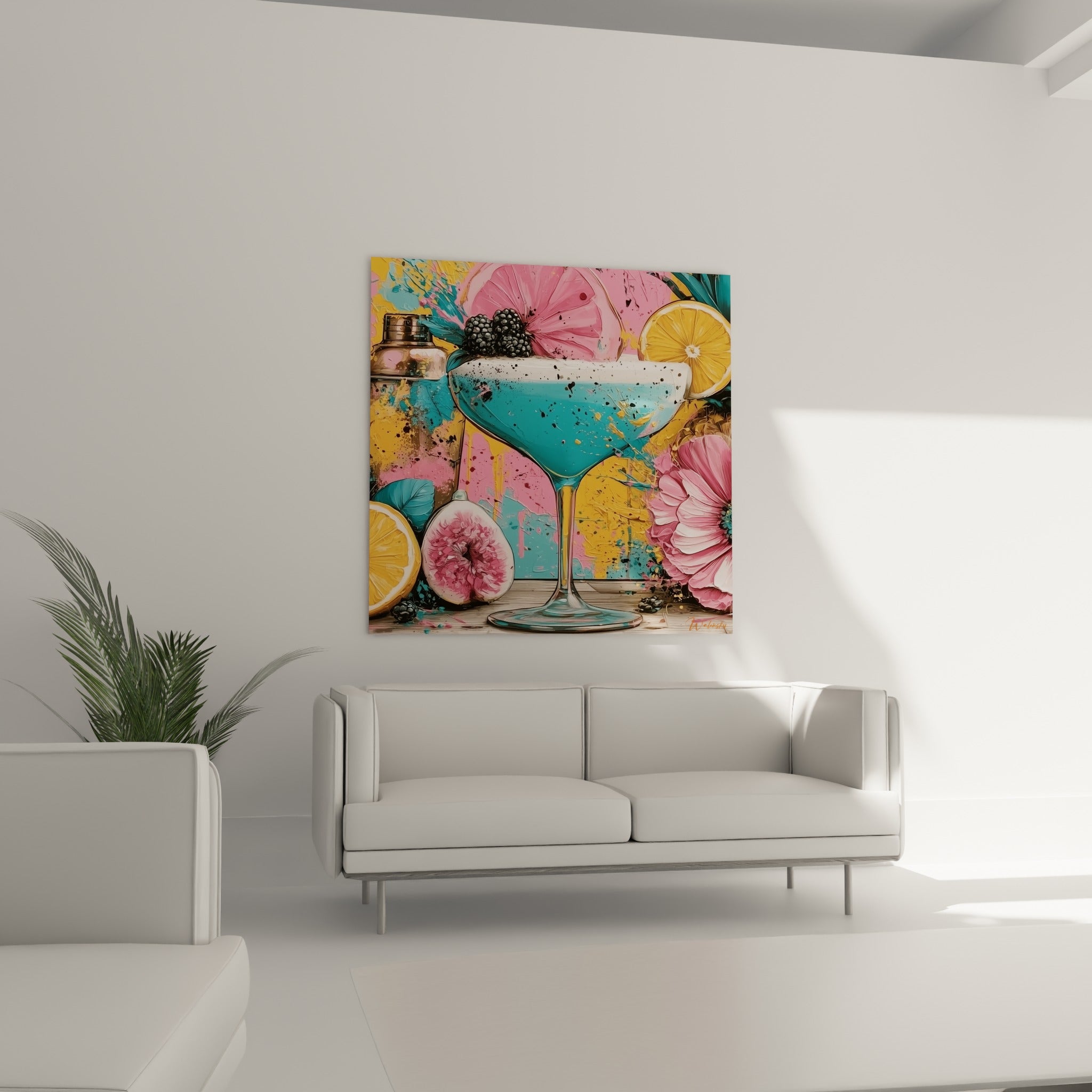 Cocktail acidulé aux tonalités roses et dorées accroché au-dessus d'un canapé dans un salon lumineux