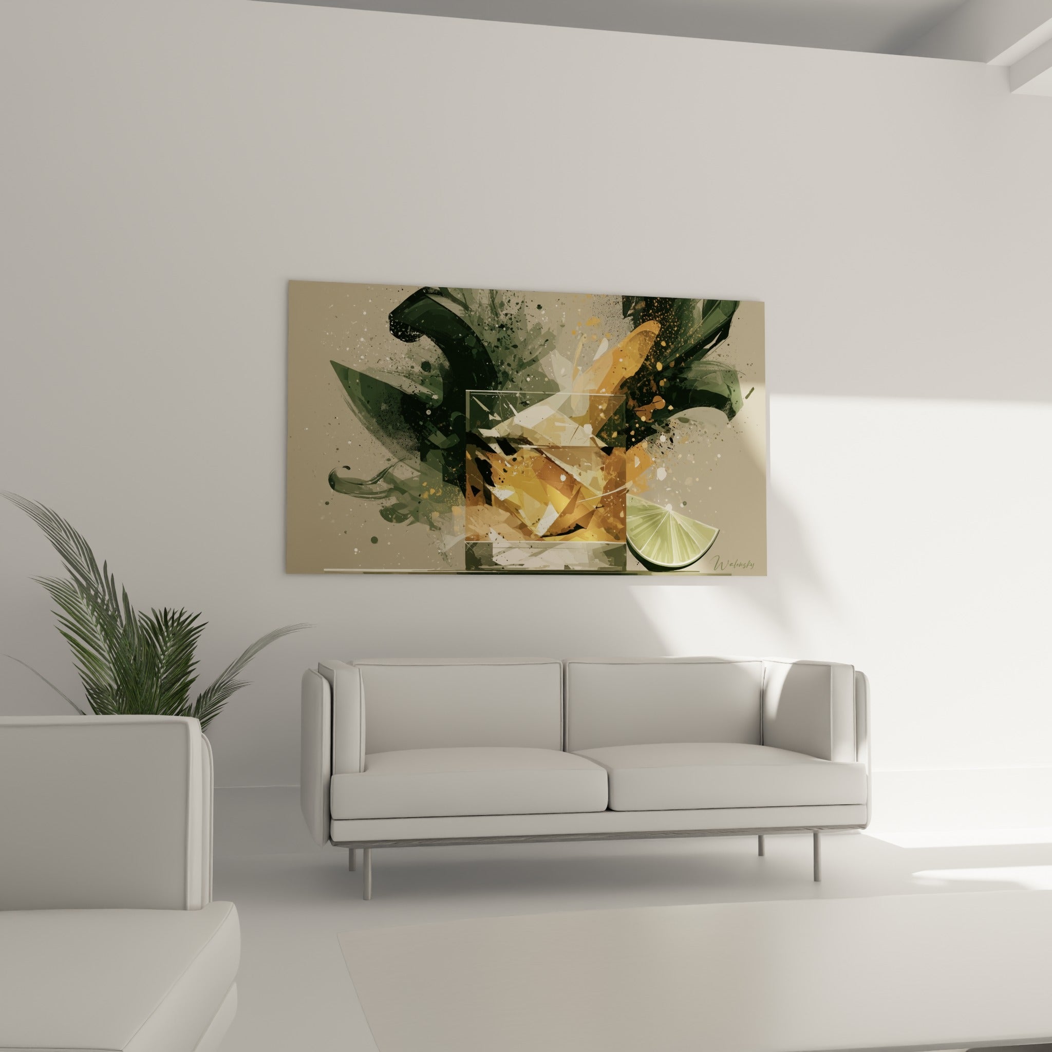 Composition abstraite d'un cocktail doré et citron vert acidulé, au-dessus d'un canapé dans un salon lumineux