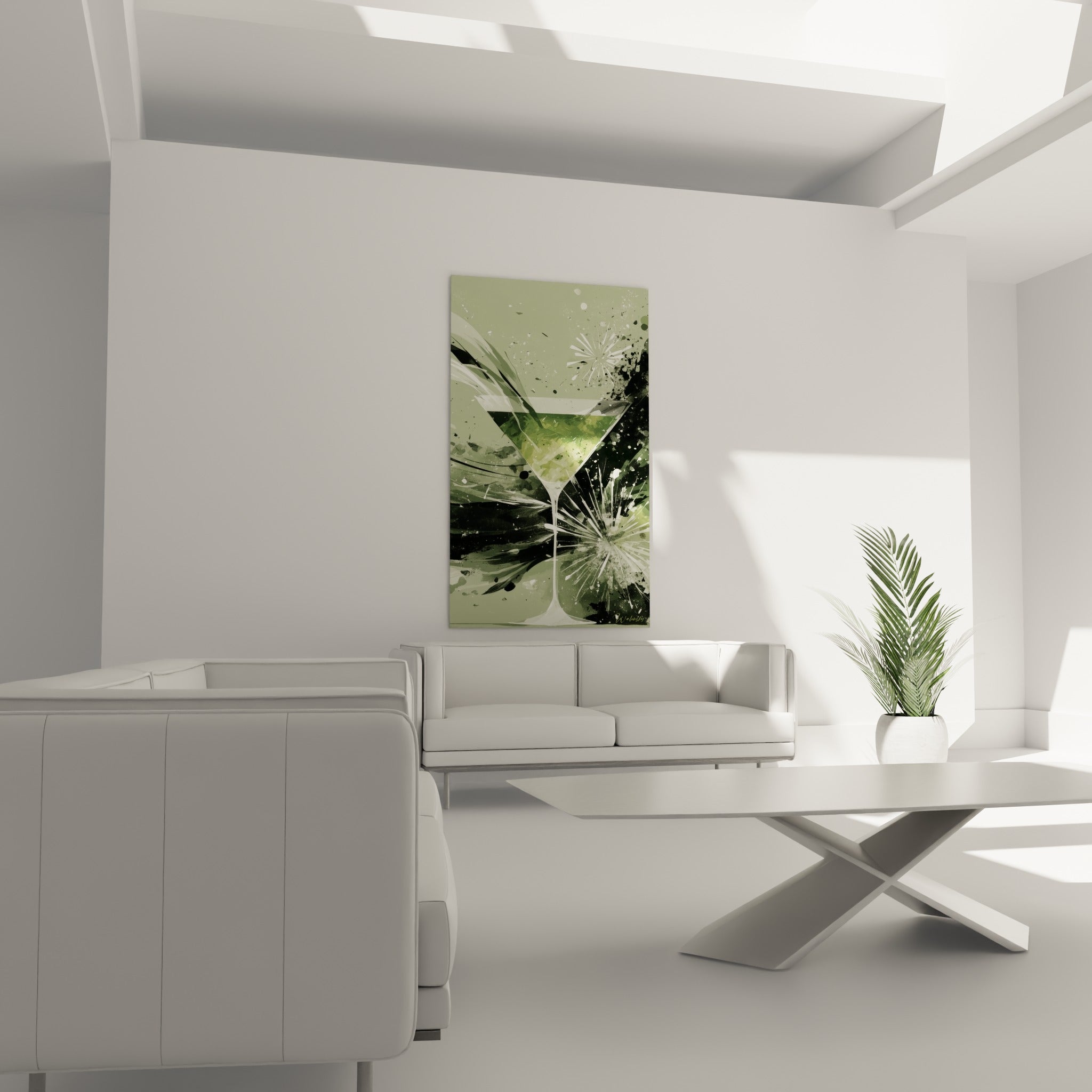 Verre à martini anthracite et vert olive éclaboussé, au-dessus d'un canapé dans un salon lumineux