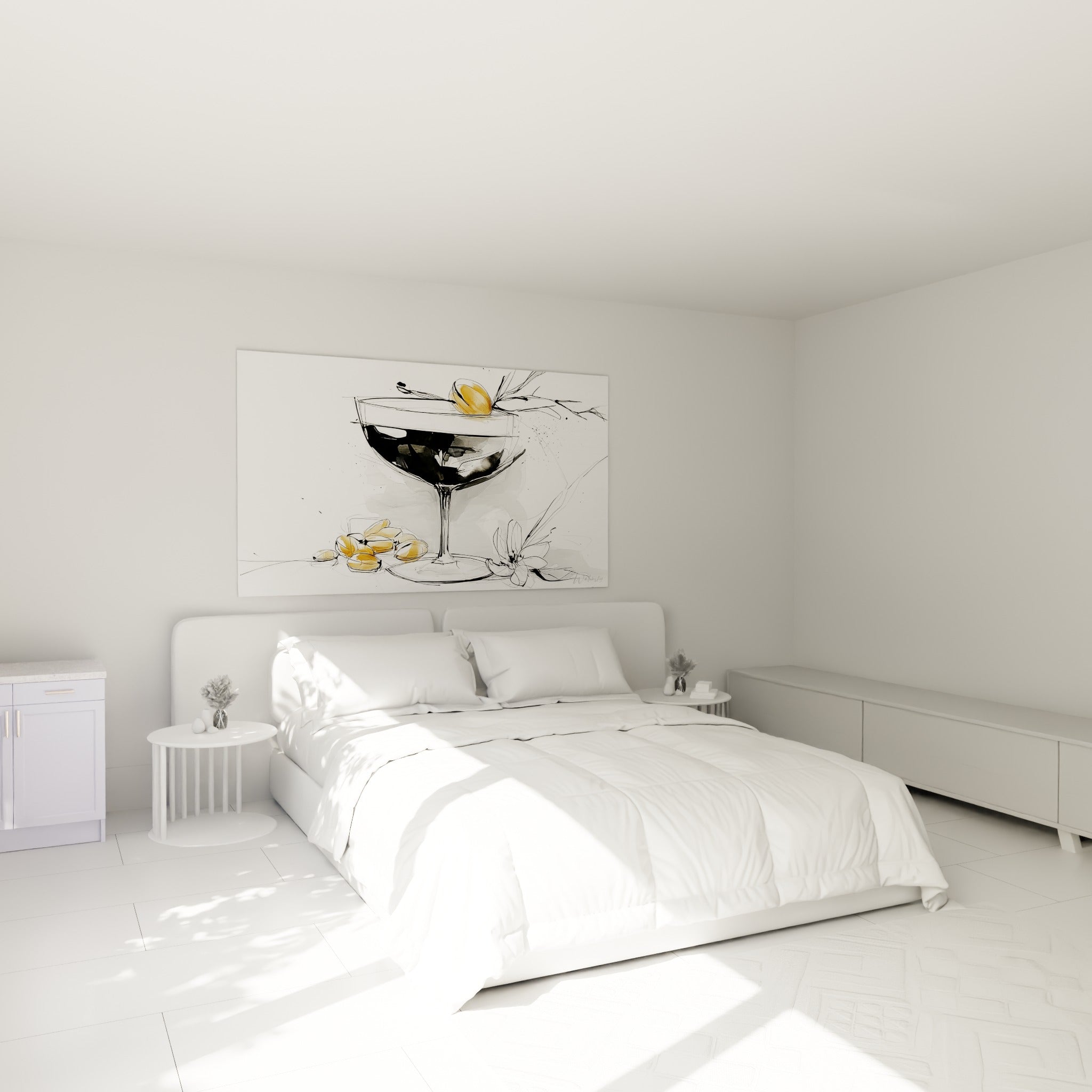 Cocktail noir et doré dessiné à l'encre, olives dorées, au-dessus d'un lit dans une chambre claire