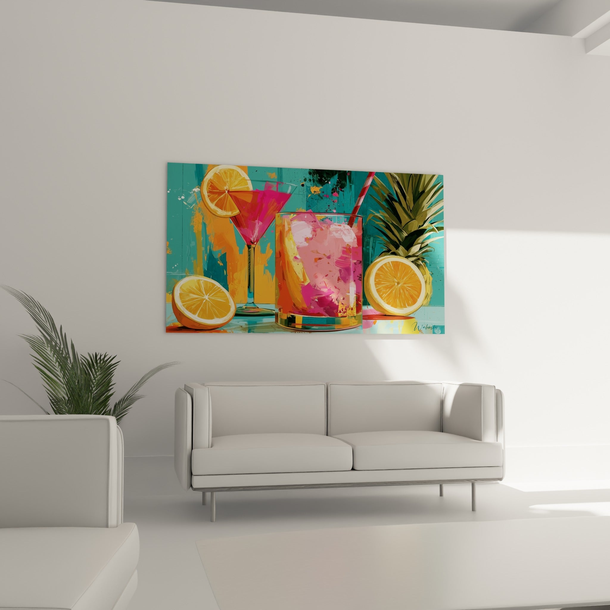 Verre à cocktail fuchsia et tranches d'orange vives disposé au-dessus d'un canapé dans un salon lumineux