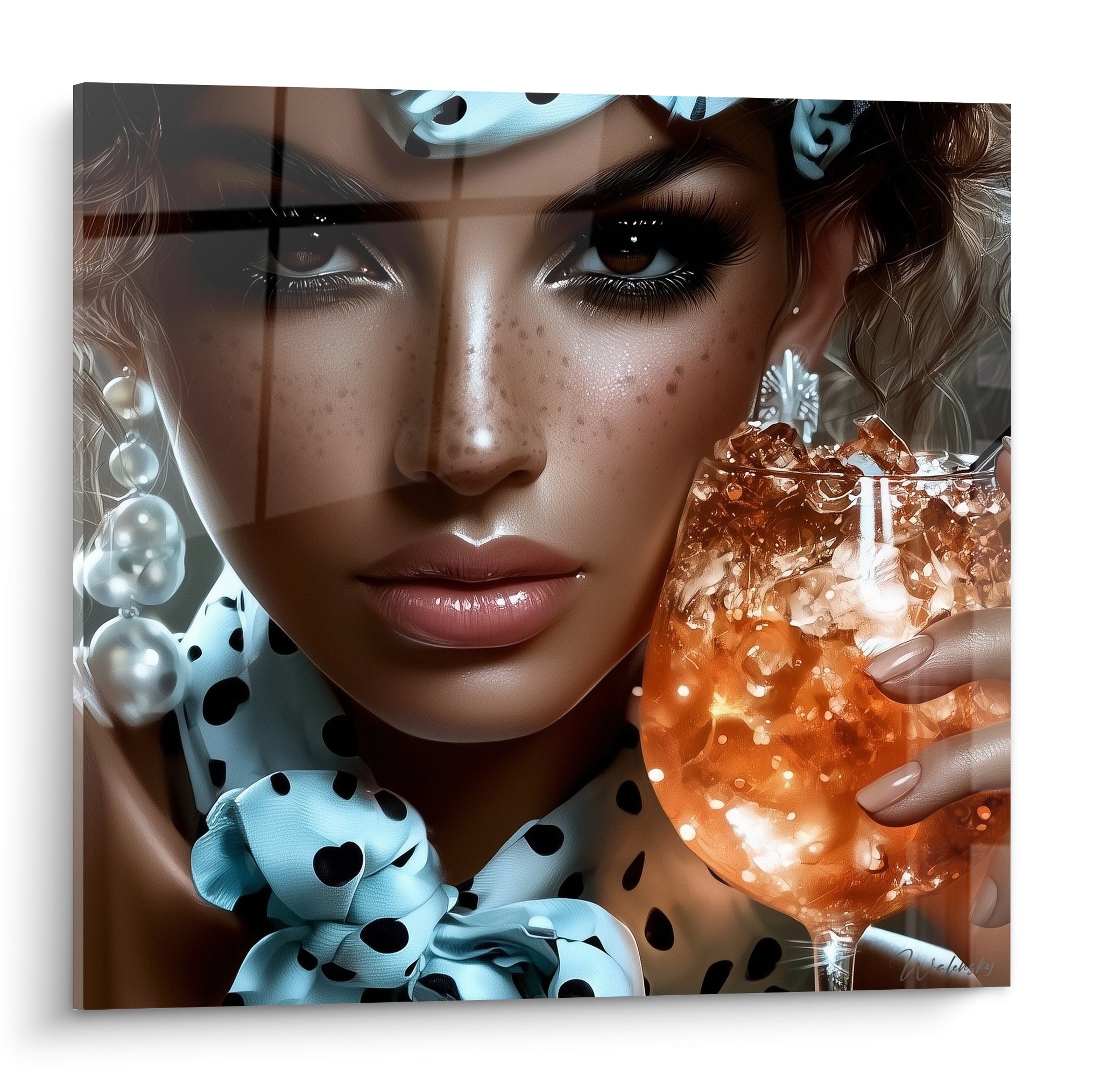 Portrait féminin aux yeux bruns intenses, foulard bleu ciel à pois et verre ambré scintillant