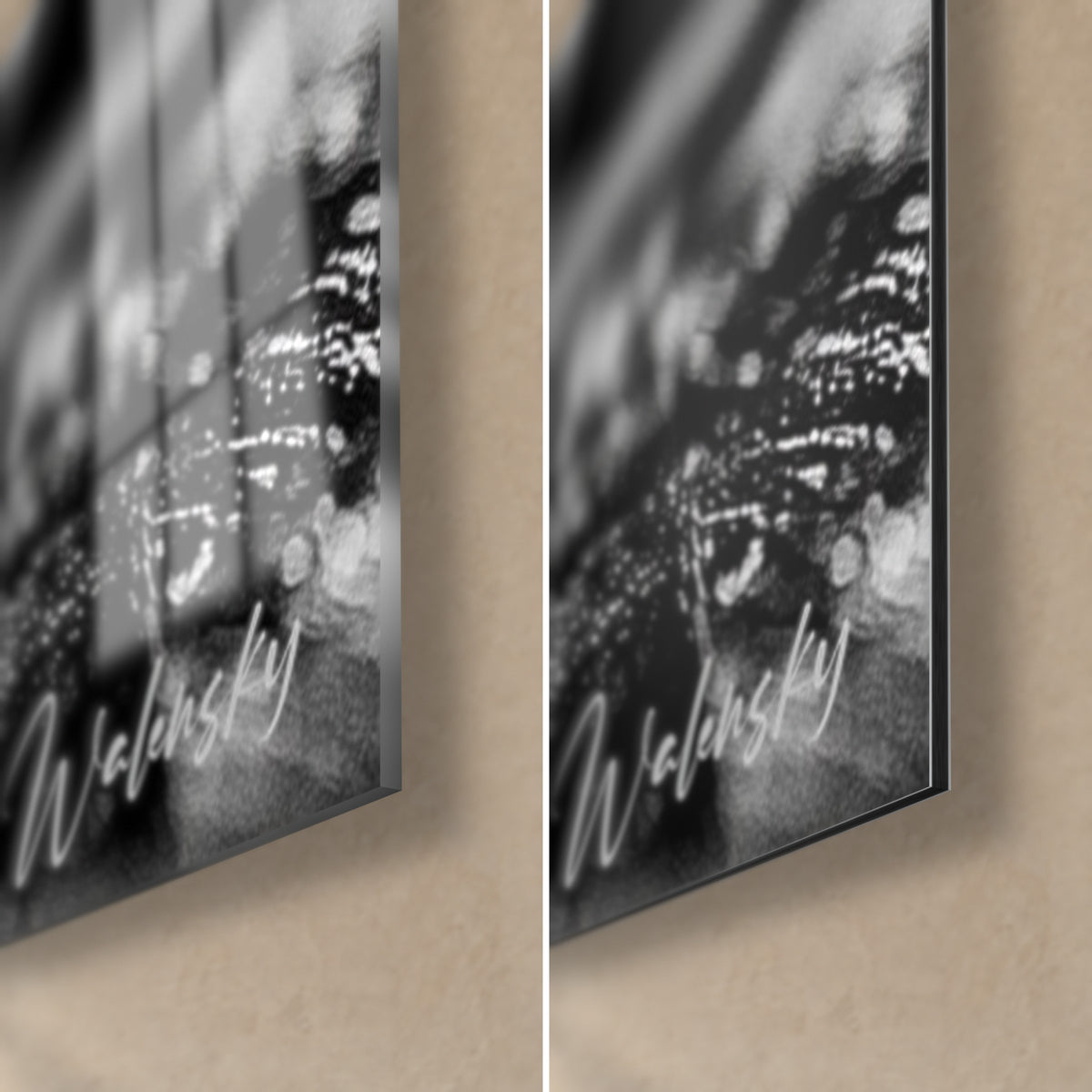 Tableau martini ambré, coin bas droit : verre acrylique brillant à gauche, alu Dibond mat noir et gris à droite, tranche de 3 mm