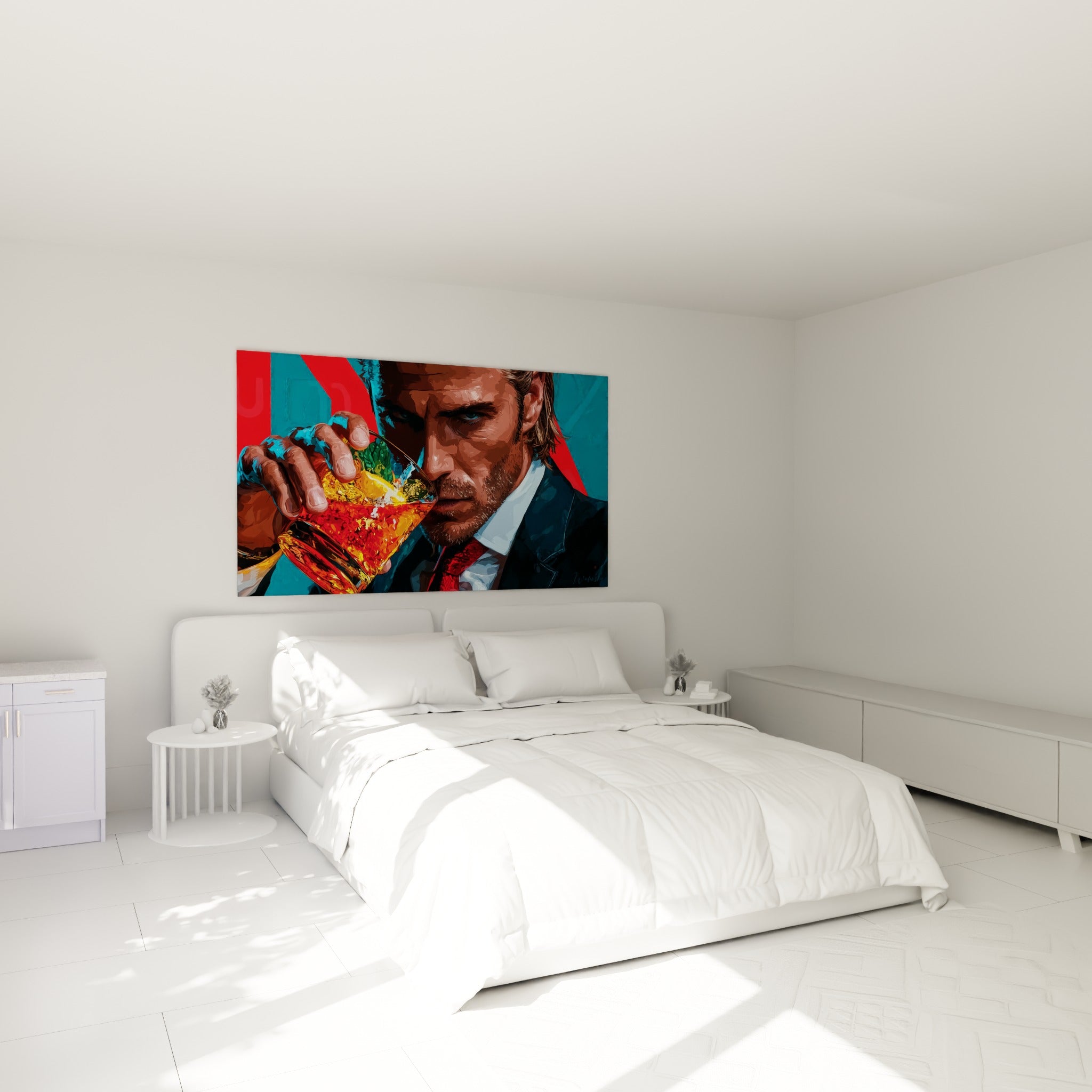 Portrait fauve et bleu d'un homme en costume au-dessus d'un lit dans une chambre claire