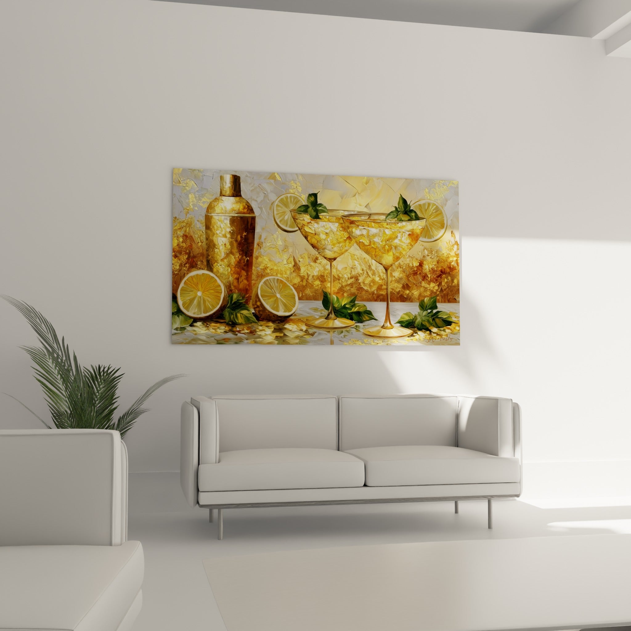 Rondelles de citron et feuilles vertes autour de coupes dorées au-dessus d'un canapé dans un salon lumineux