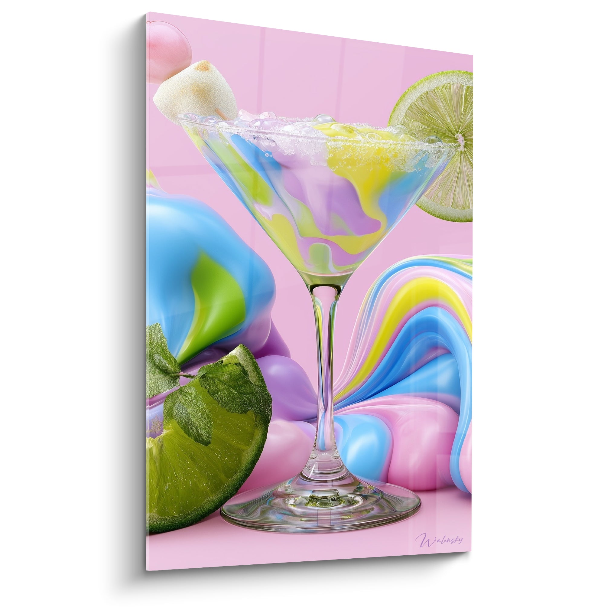Verre à cocktail rose et bleu aux tourbillons colorés avec tranche de citron vert