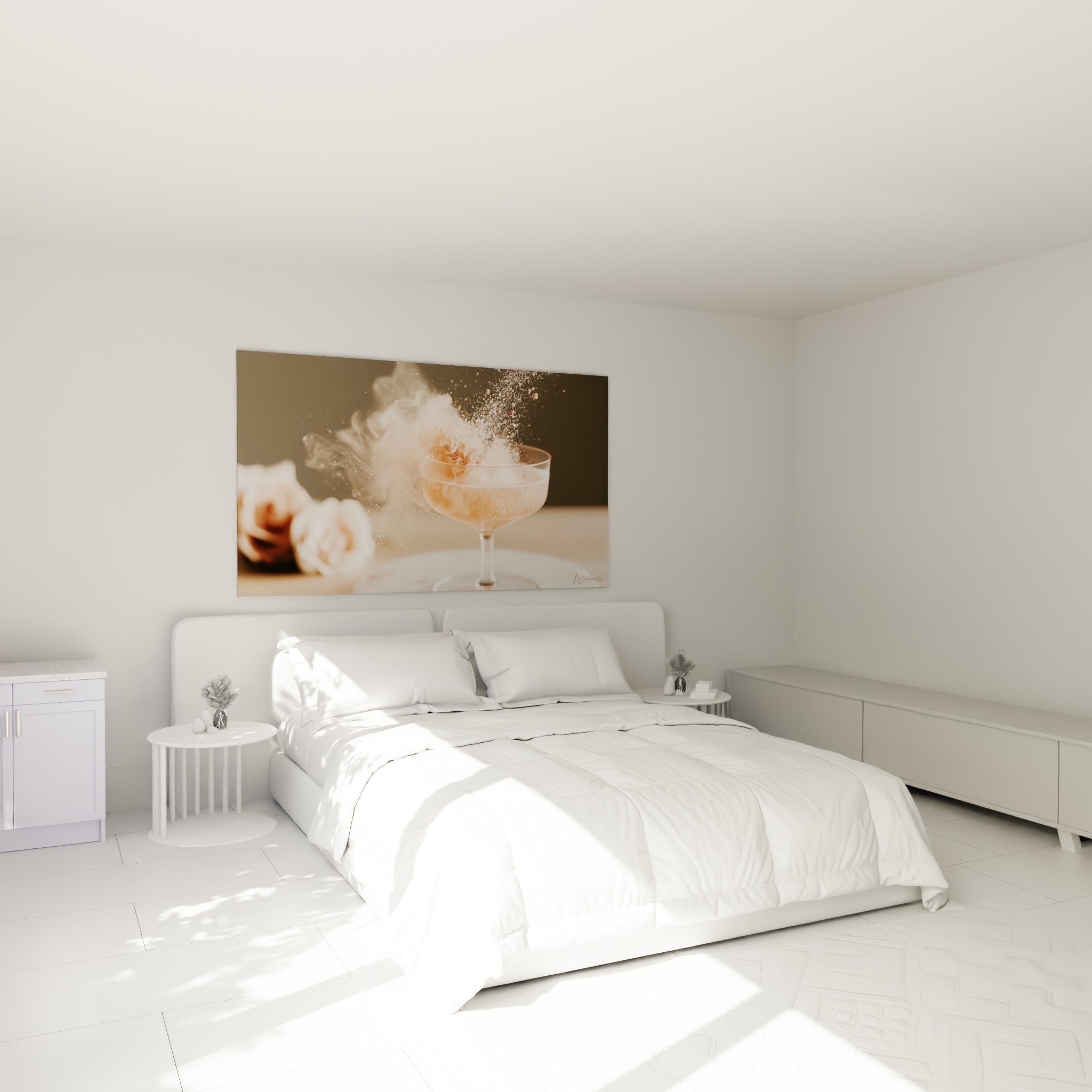 Fumée blanche s'échappant d'une coupe rosée au-dessus d'un lit dans une chambre claire