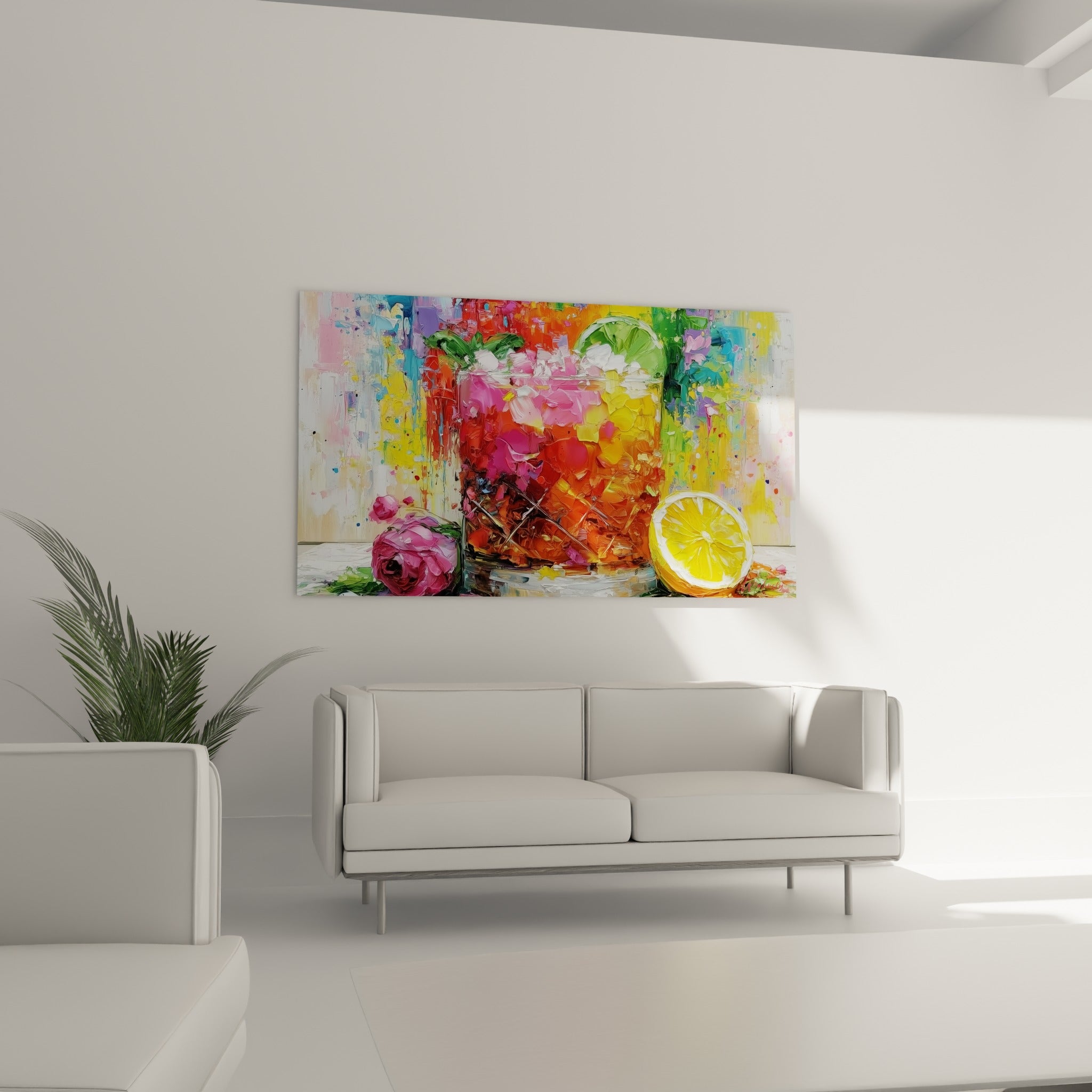 Boisson fruitée peinte en orange et rose éclatant, rondelle de citron jaune, au-dessus d'un canapé dans un salon lumineux
