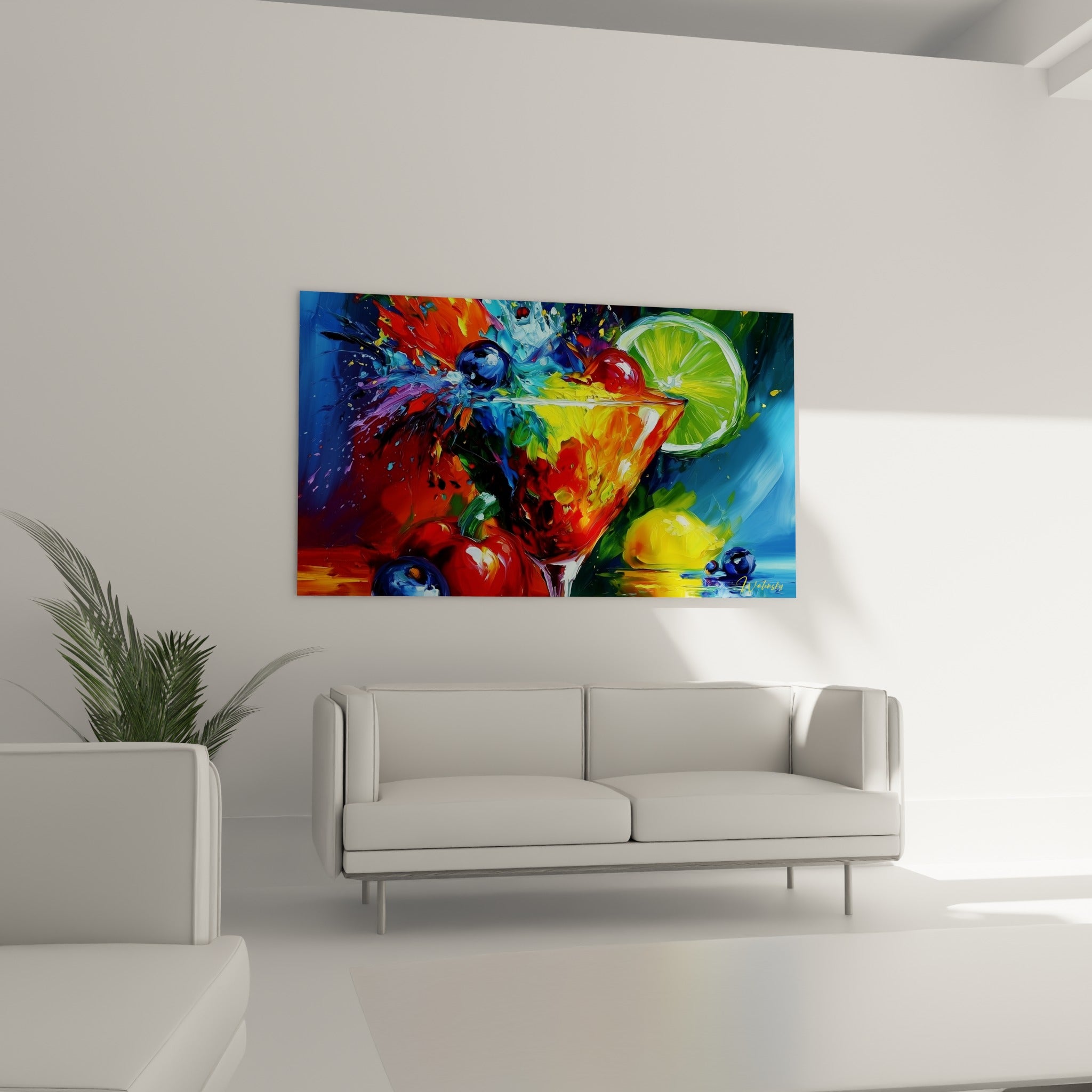 Martini éclaboussé d'orange et de bleu accroché au-dessus d'un canapé dans un salon lumineux