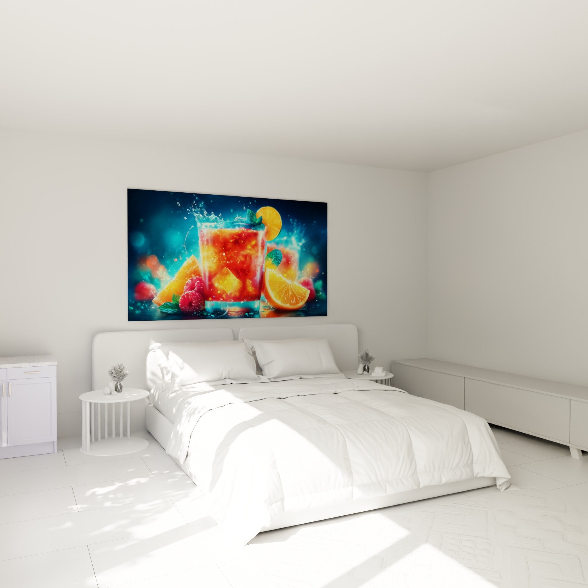Boisson rouge et turquoise garnie d'agrumes, accrochée au-dessus d'un lit dans une chambre claire
