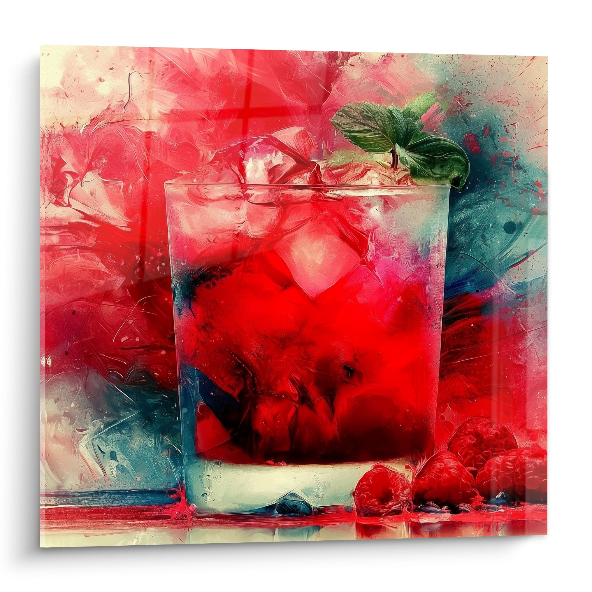 Verre cocktail rouge grenat aux glaçons, menthe fraîche et framboises, peinture texturée