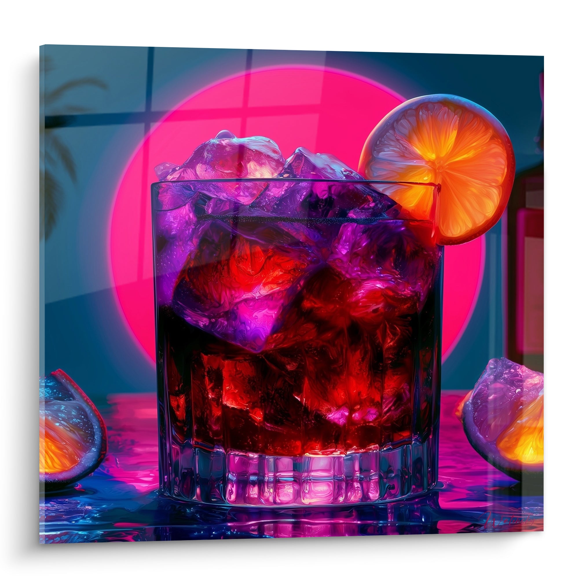 Verre de cocktail rouge et violet aux glaçons, orné d'une rondelle d'orange, devant un disque rose