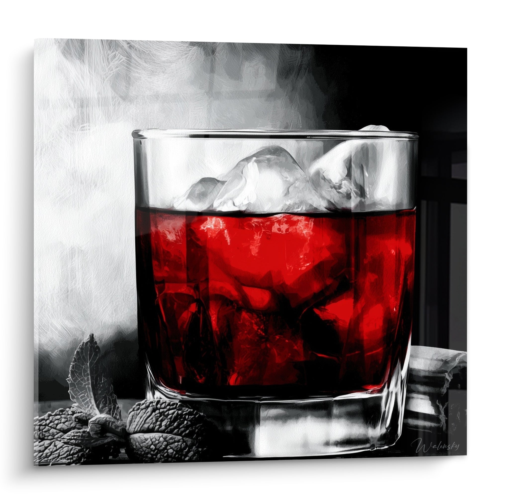 Verre à cocktail rouge sang et glaçons blancs sur fond noir et gris peint