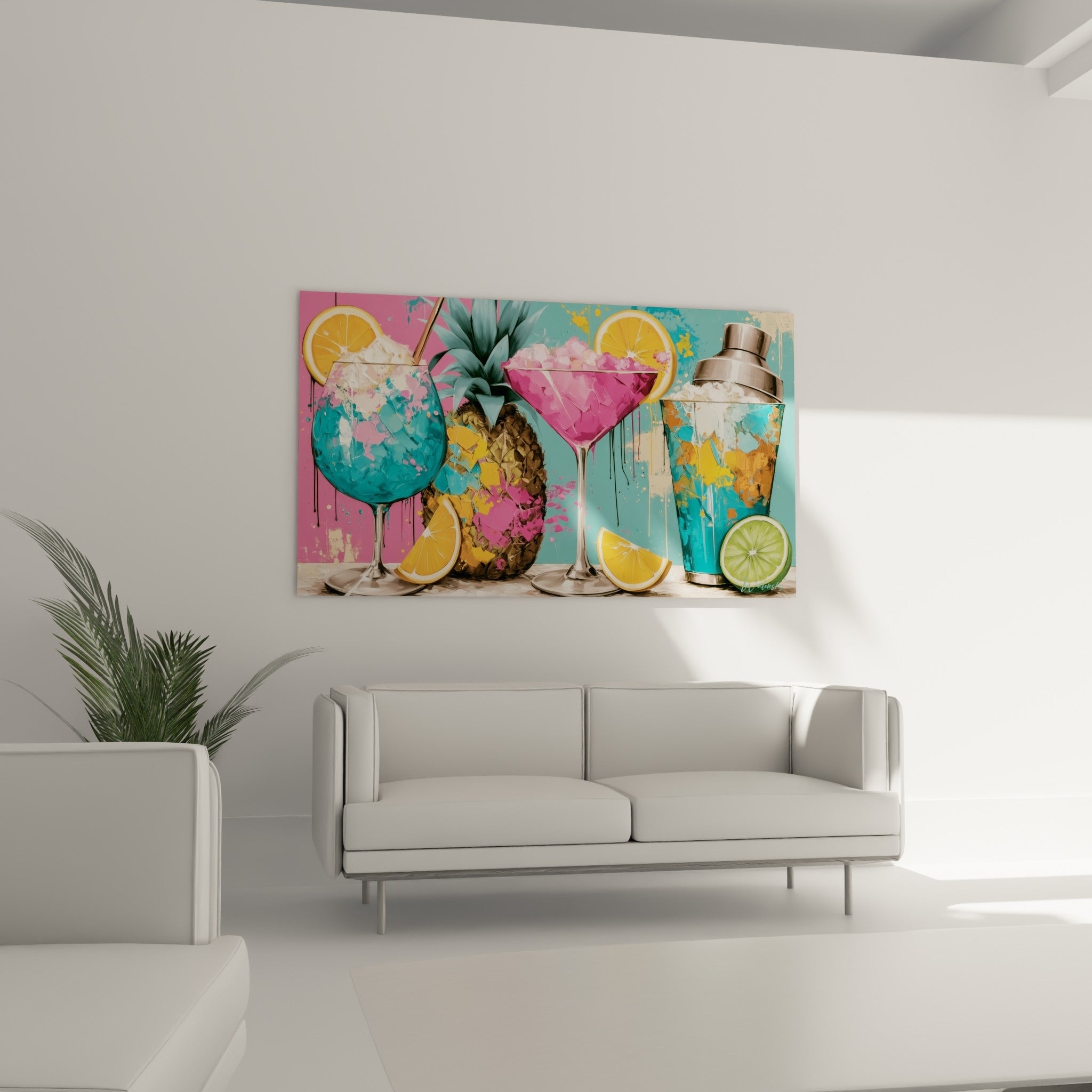 Shaker argenté et cocktail turquoise éclaboussé de peinture, accroché au-dessus d'un canapé dans un salon lumineux