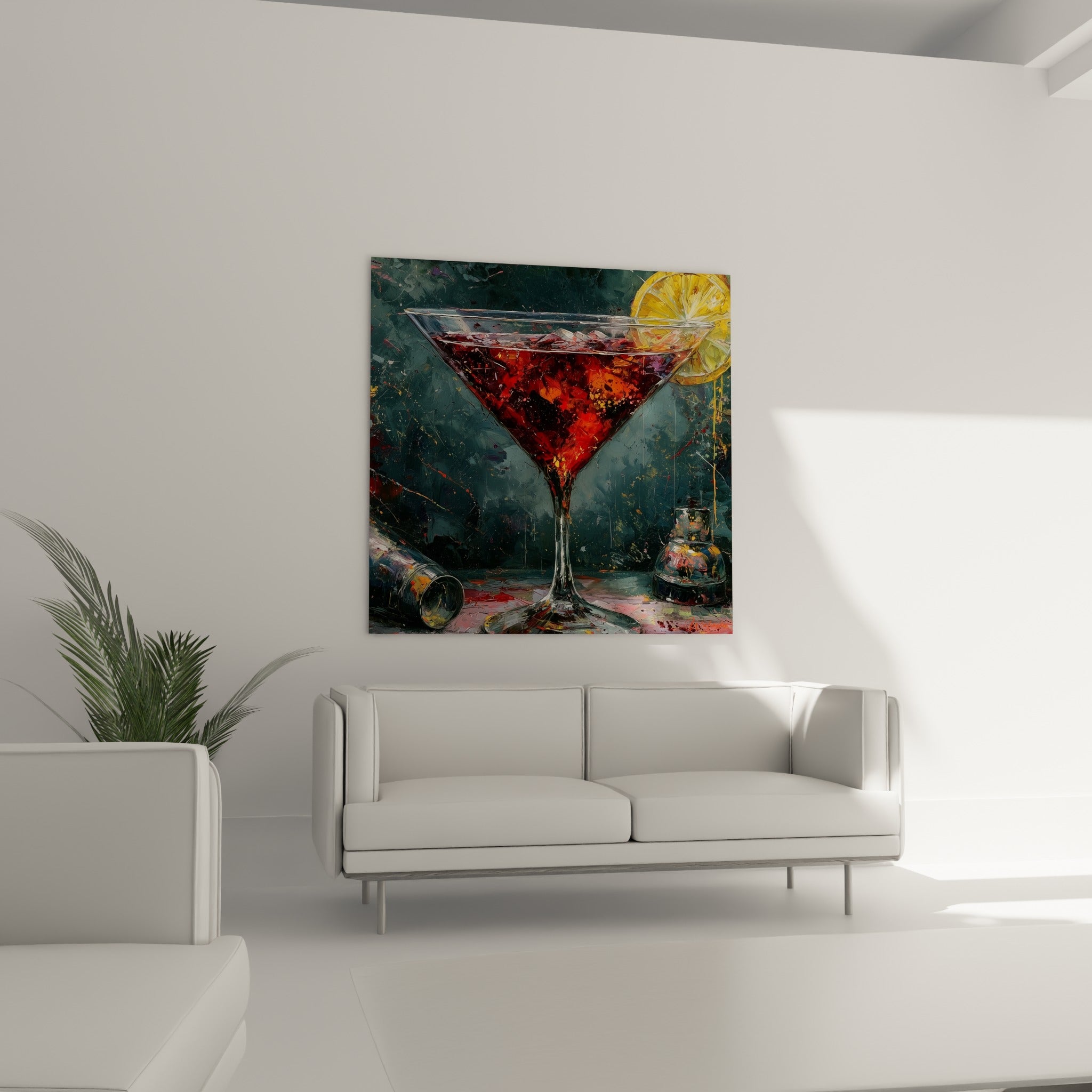 Composition bar avec martini rouge, shaker et bouteille renversée au-dessus d'un canapé dans un salon lumineux