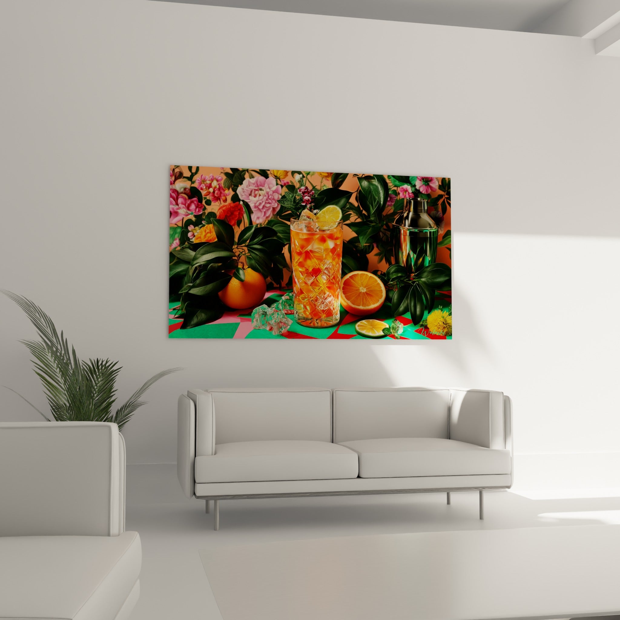 Shaker métallique et verre orangé composent ce tableau Cocktail au-dessus d'un canapé dans un salon lumineux