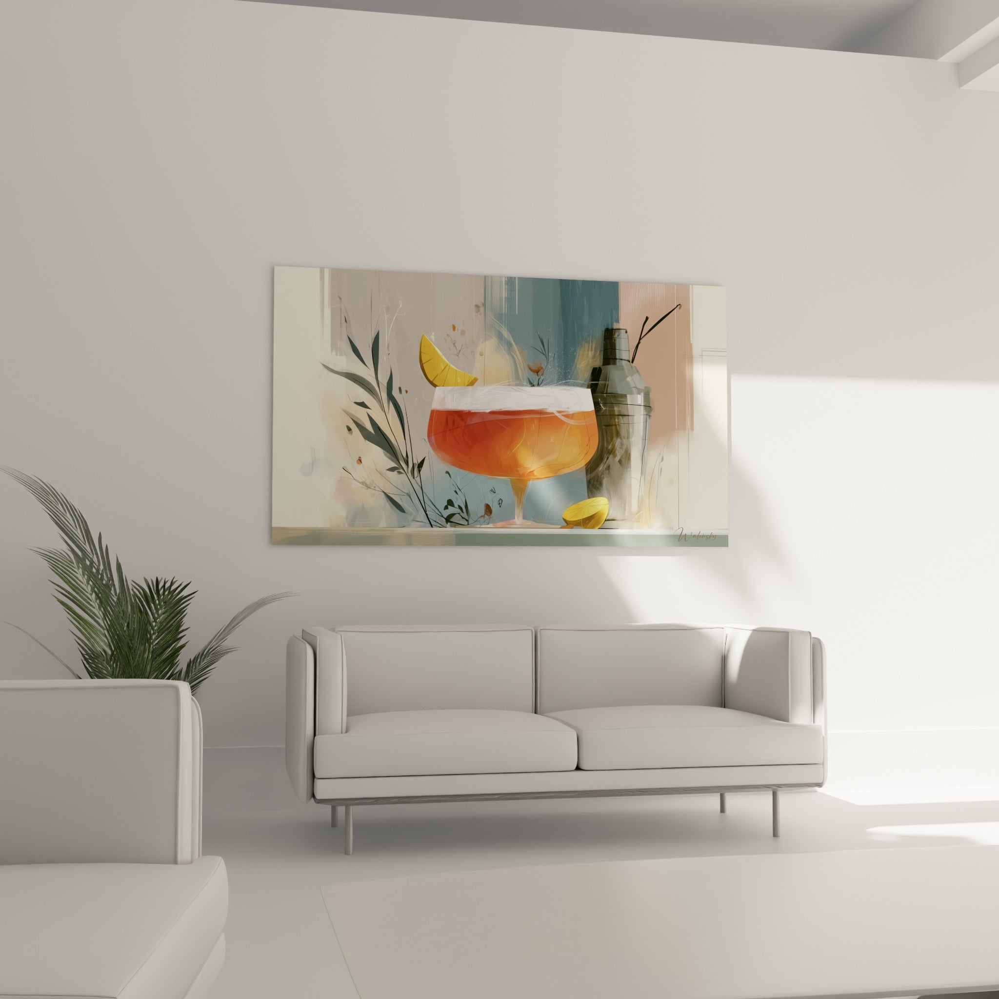 Shaker métallique sombre et coupe orangée au-dessus d'un canapé dans un salon lumineux
