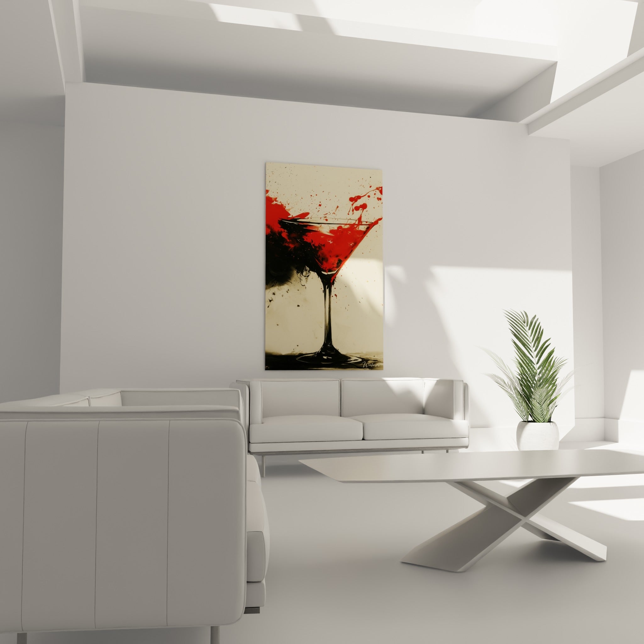 Éclaboussures rouges et noires d'un verre cocktail, positionnées au-dessus d'un canapé dans un salon lumineux