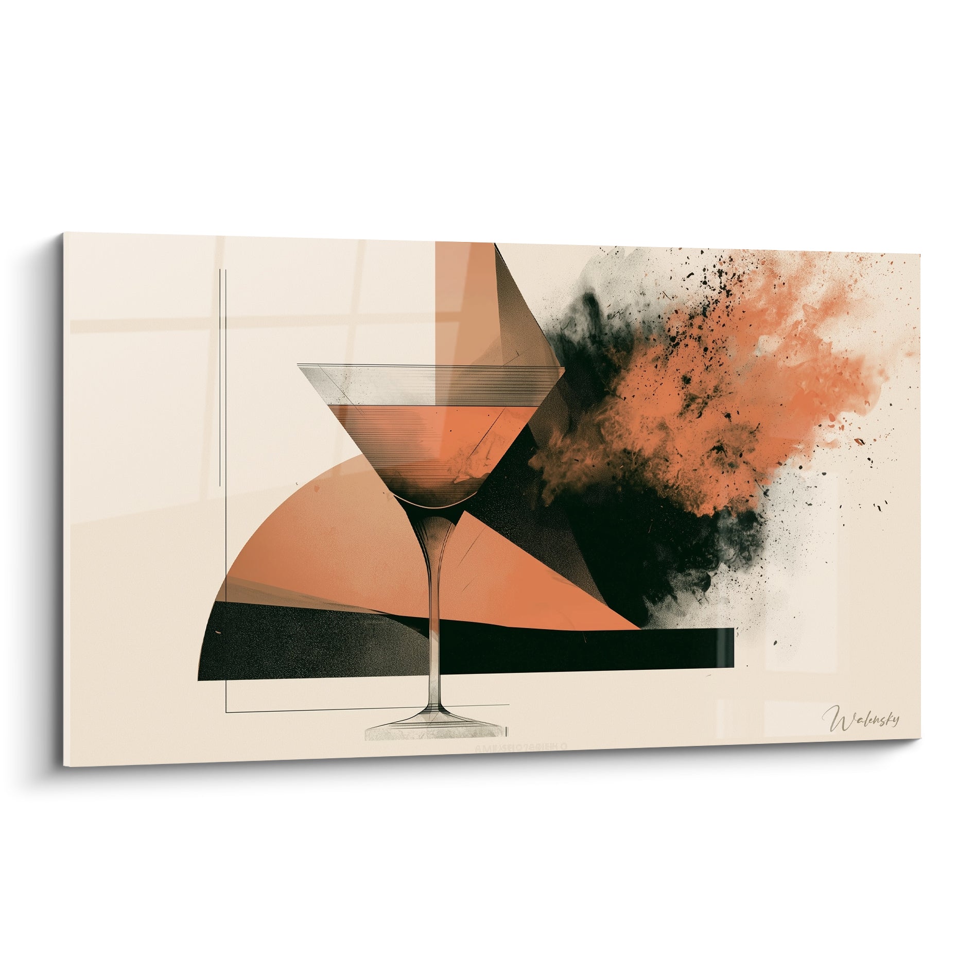 Verre à martini terracotta et noir, formes géométriques éclatées en particules sur fond ivoire