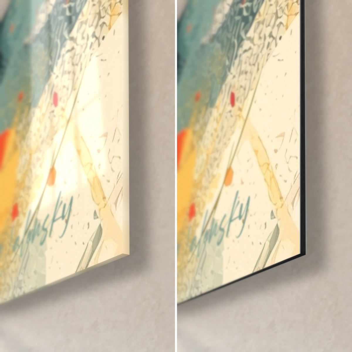 Tableau martini abstrait aux éclats rouge vif et jaune doré, coin bas droit : verre brillant à gauche, Dibond mat à droite