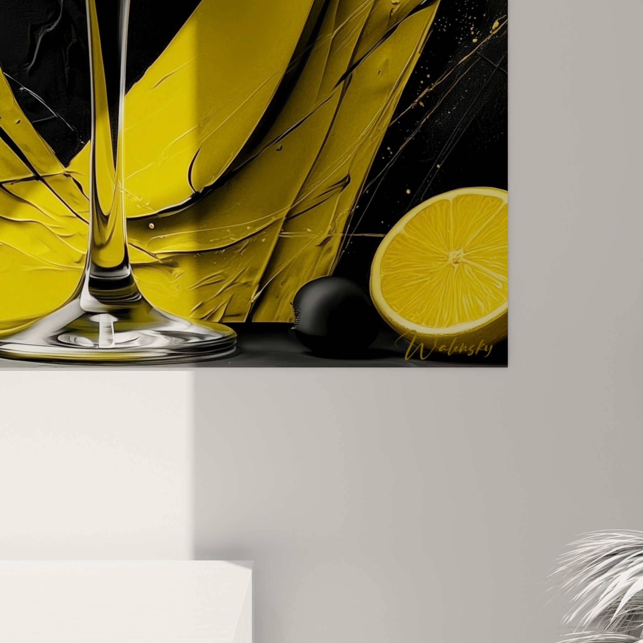 Empâtements jaunes et noirs, coulures épaisses et grain visible de la toile cocktail