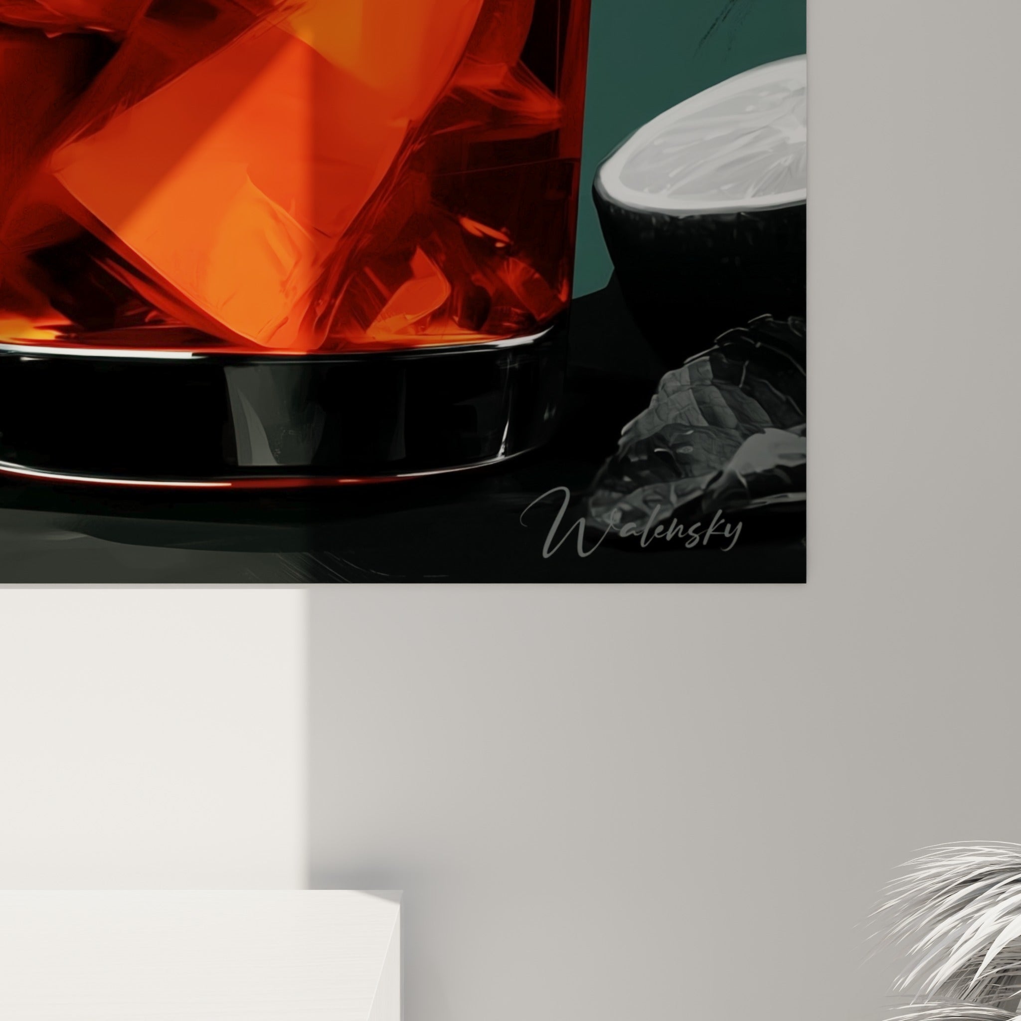 Empâtements orangés et gris se mêlent près des glaçons givrés, révélant la texture picturale du tableau
