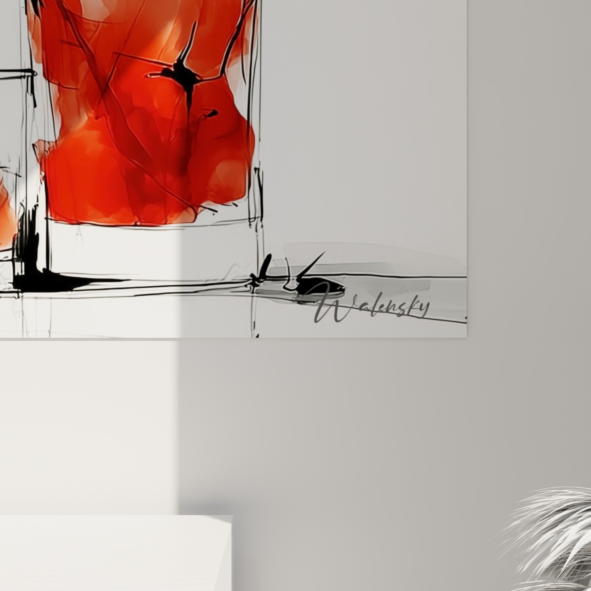 Empâtements rouges et coulures noires visibles de près sur ce tableau cocktail à l'encre stylisée