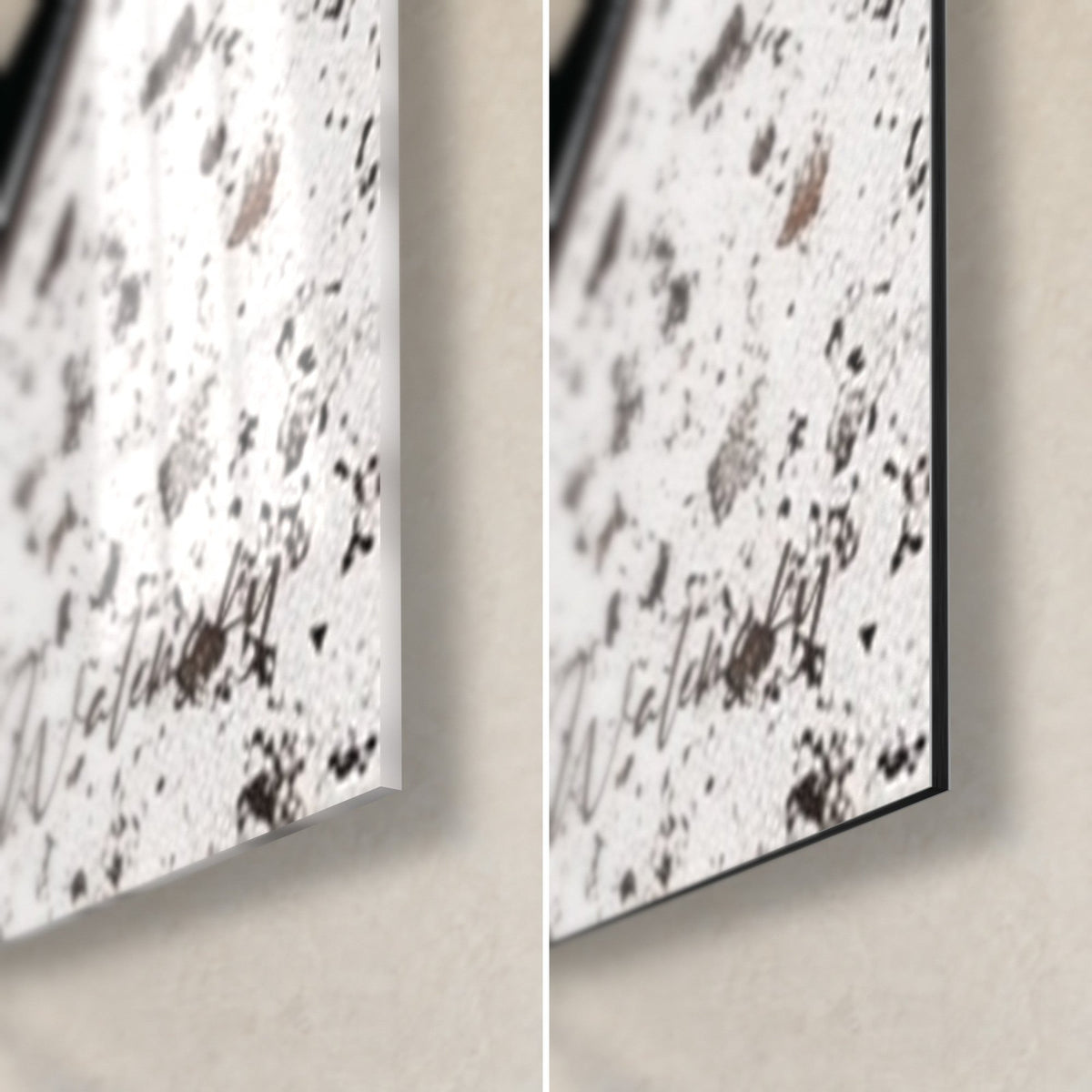Tableau cocktail rose et menthe verte, coin bas droit : verre acrylique brillant à gauche, alu Dibond mat noir à droite, tranche 3 mm