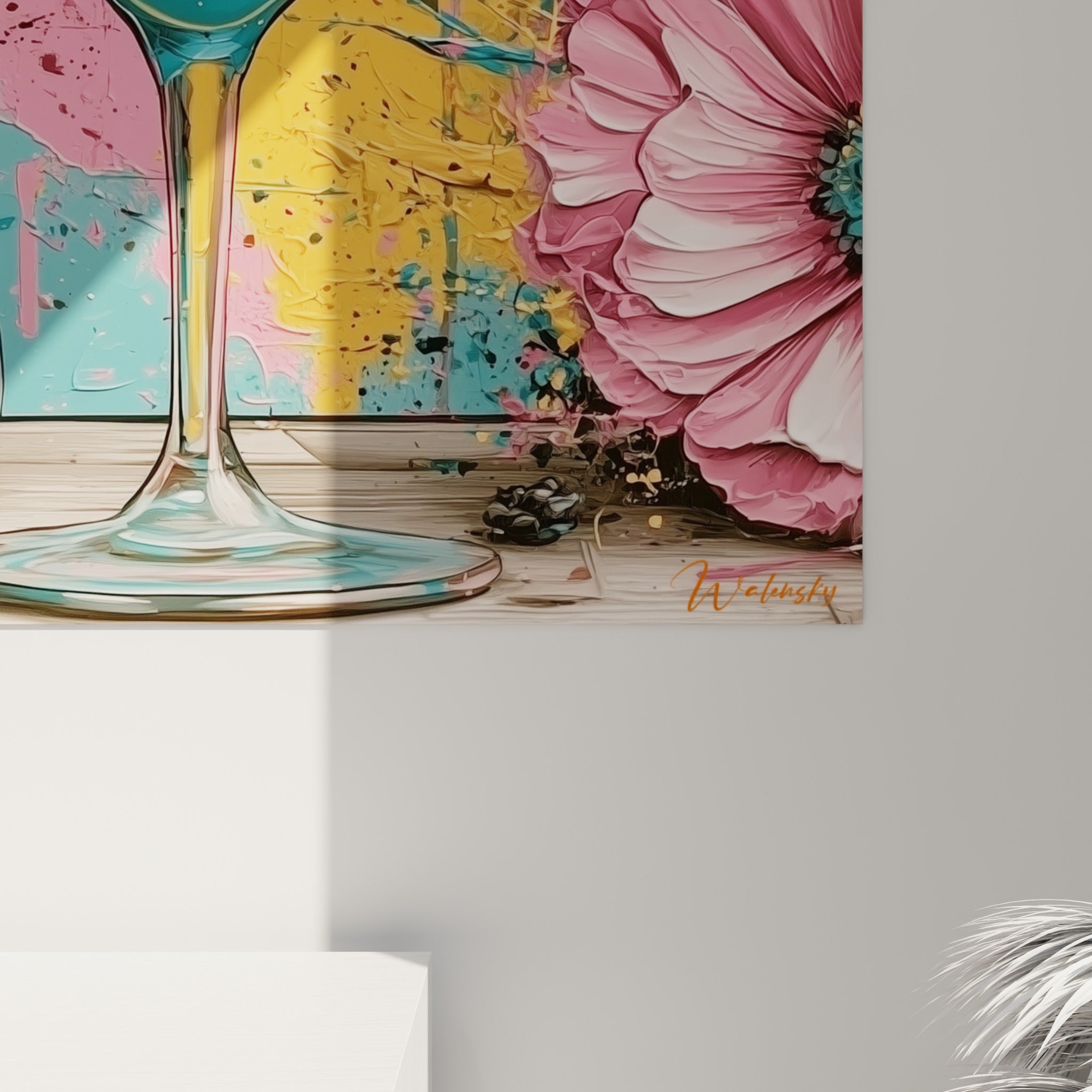 Empâtements colorés en bleu et rose vif révélant la matière picturale de la toile cocktail