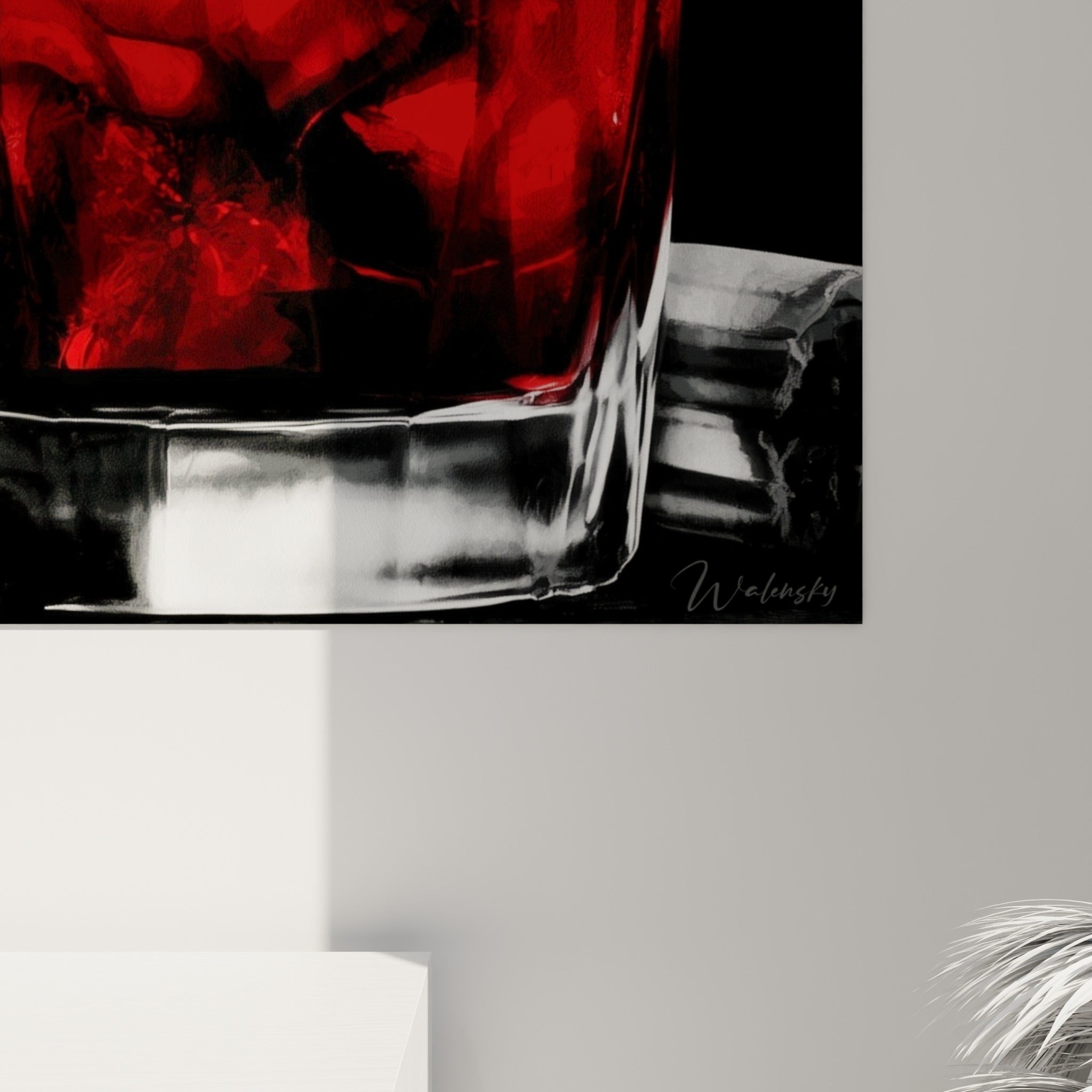 Empâtements gris et coulures blanches révélant la matière picturale du liquide rouge et des glaçons