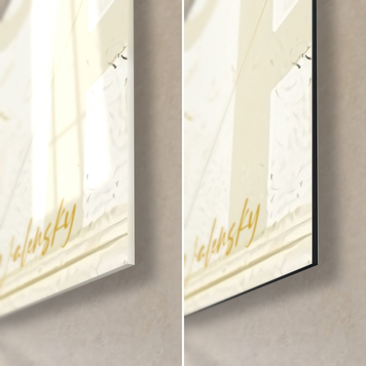 Tableau cocktail rouge et jaune, coin bas droit : verre acrylique brillant à gauche, alu Dibond noir mat à droite, tranche de 3 mm