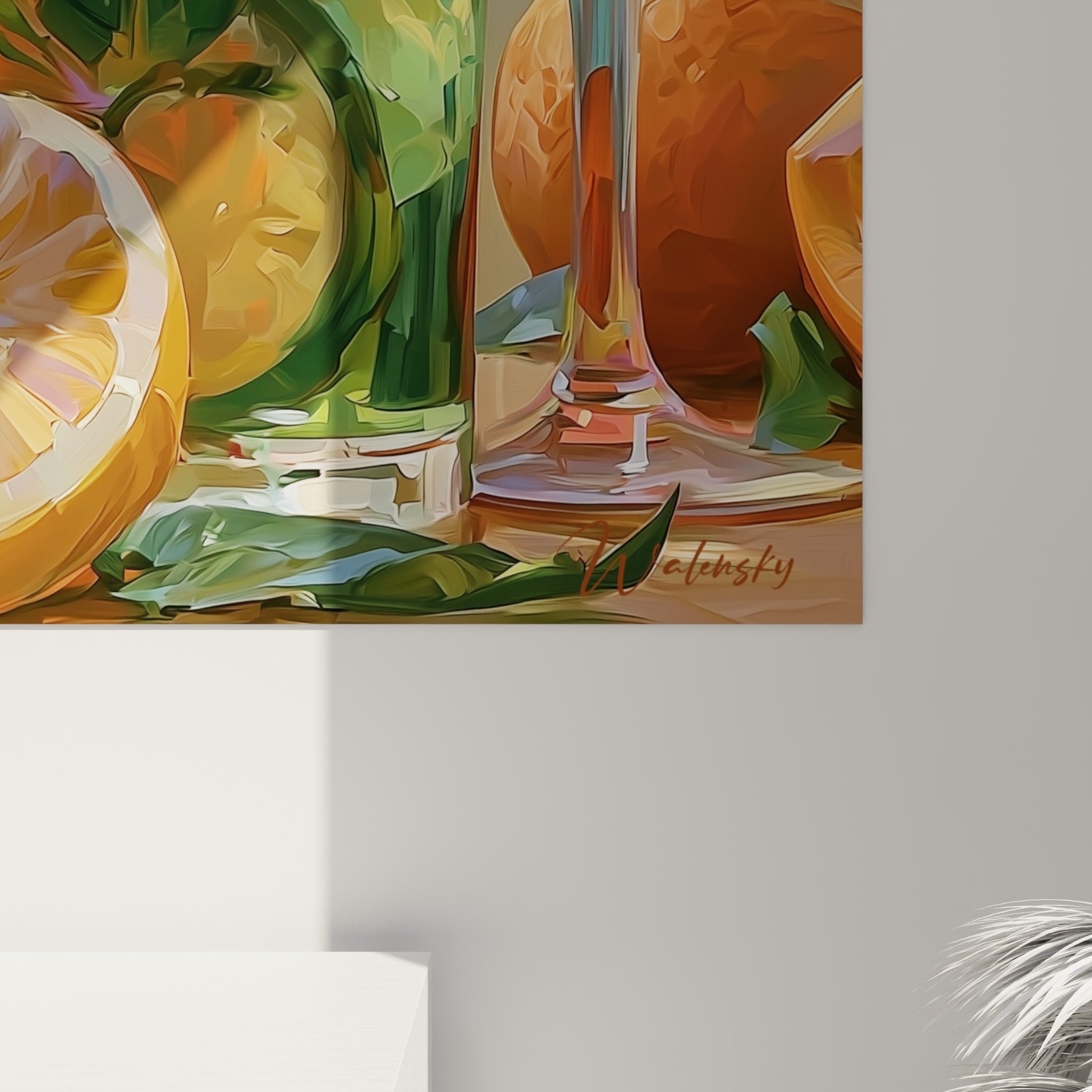 Empâtements dorés et coulures orangées sur ce tableau Cocktail, grain du verre taillé visible