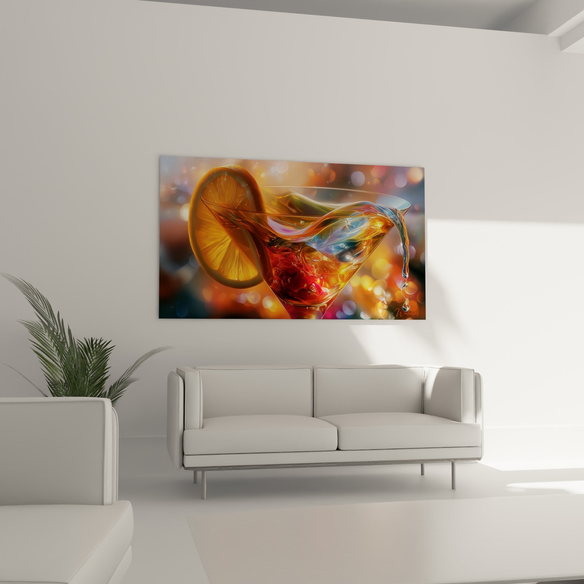 Martini coloré aux teintes orangées et bleutées au-dessus d'un canapé dans un salon lumineux