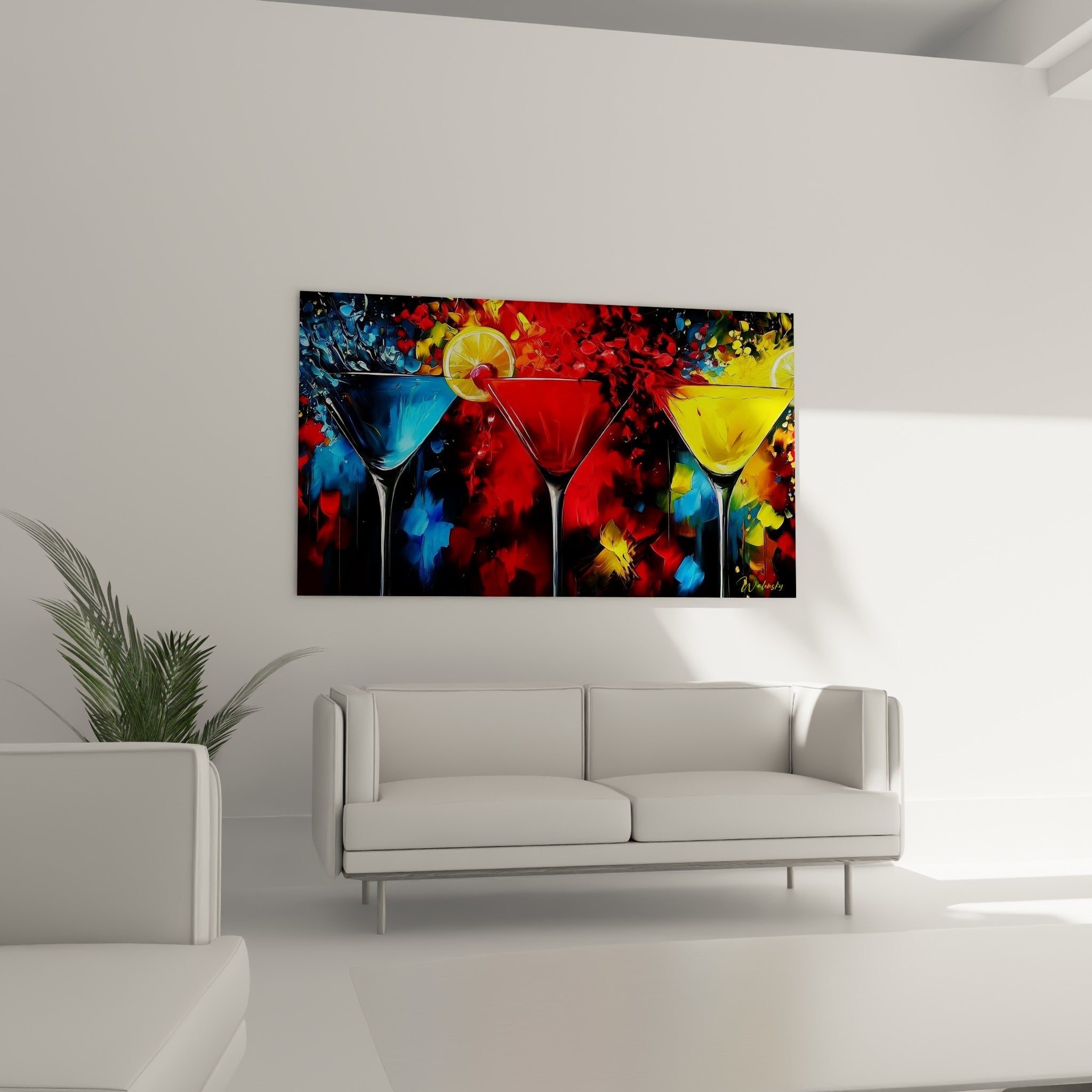 Martini jaune et rouge vibrant accroché au-dessus d'un canapé dans un salon lumineux