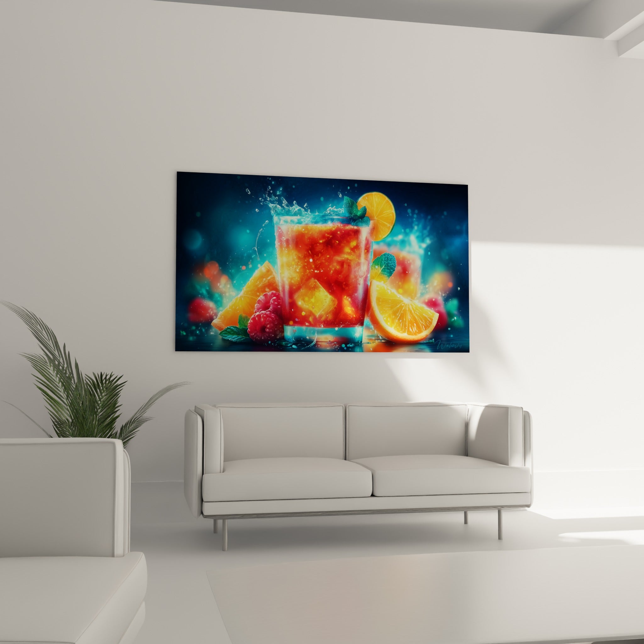 Cocktail vitaminé orange et rouge aux glaçons dorés, placé au-dessus d'un canapé dans un salon lumineux