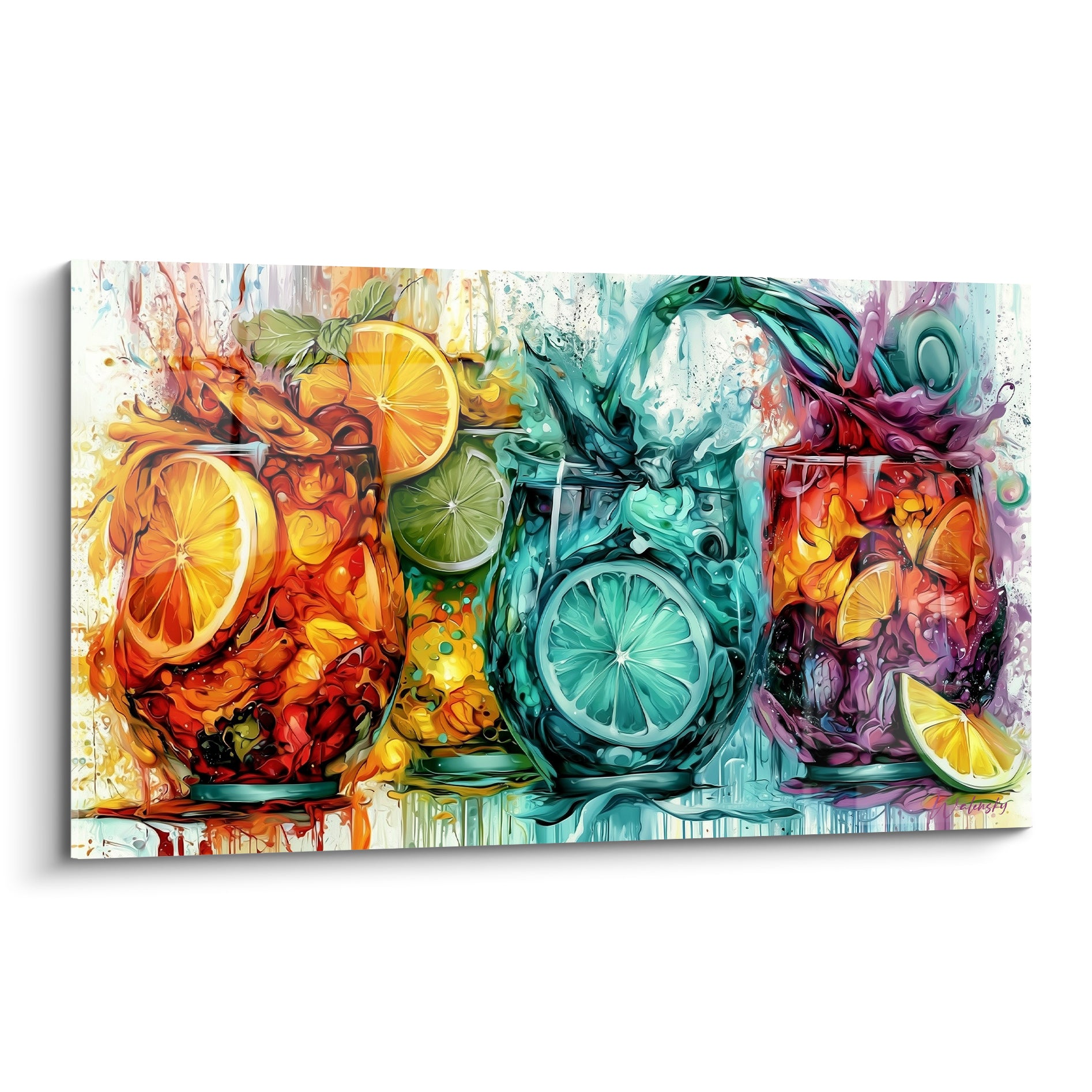 Cocktail éclaboussé turquoise et orangé avec tranches de citron et lime peintes