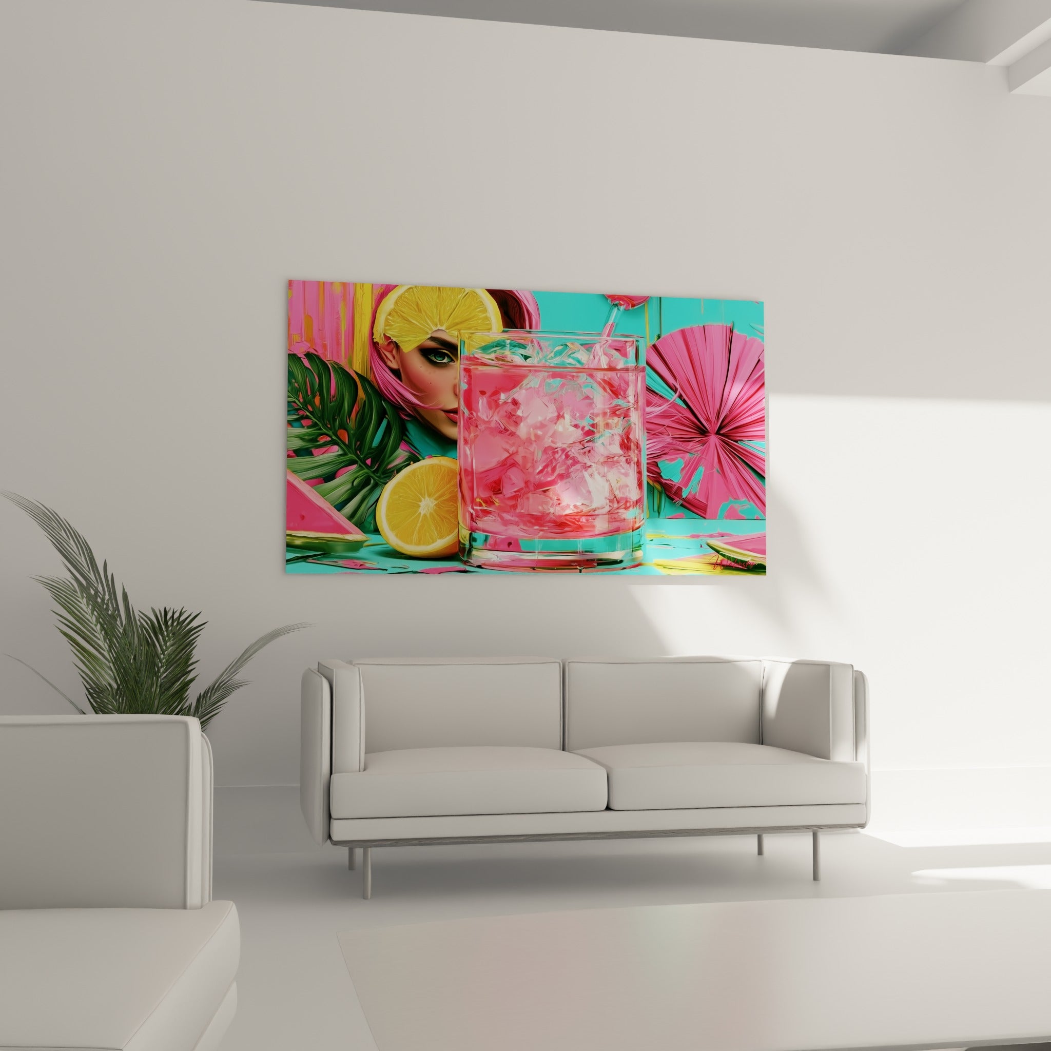 Composition pop rose et turquoise avec pastèque et citron, au-dessus d'un canapé dans un salon lumineux